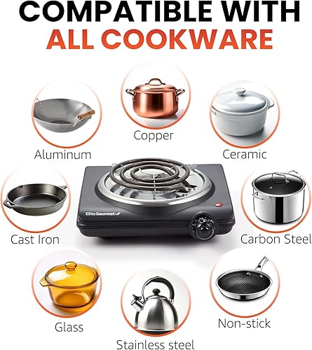 Miniatura 5 de Elite Gourmet ESB100B Placa caliente eléctrica de bobina única para encimera, quemador eléctrico, control de temperatura, luz indicadora, fácil de