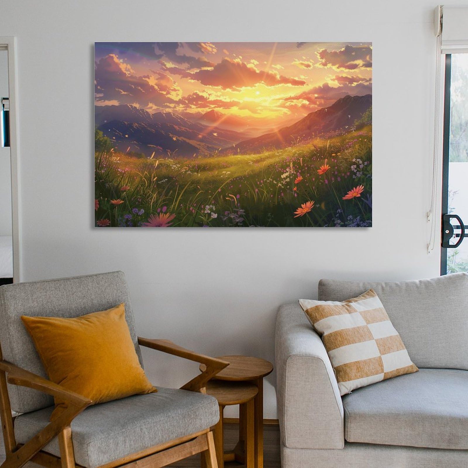 Amazon.co.jp: 絵画 丘の中腹の花畑に夕日が沈む アートパネル