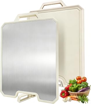 Stainless Steel Cutting Board, Double Sided Cutting Boards for kitchen, 16 * 12 Inch Stainless Steel & Wheat straw PP Cutting Board for Meat/Vegetable, Dishwasher Safe, Juice Groove