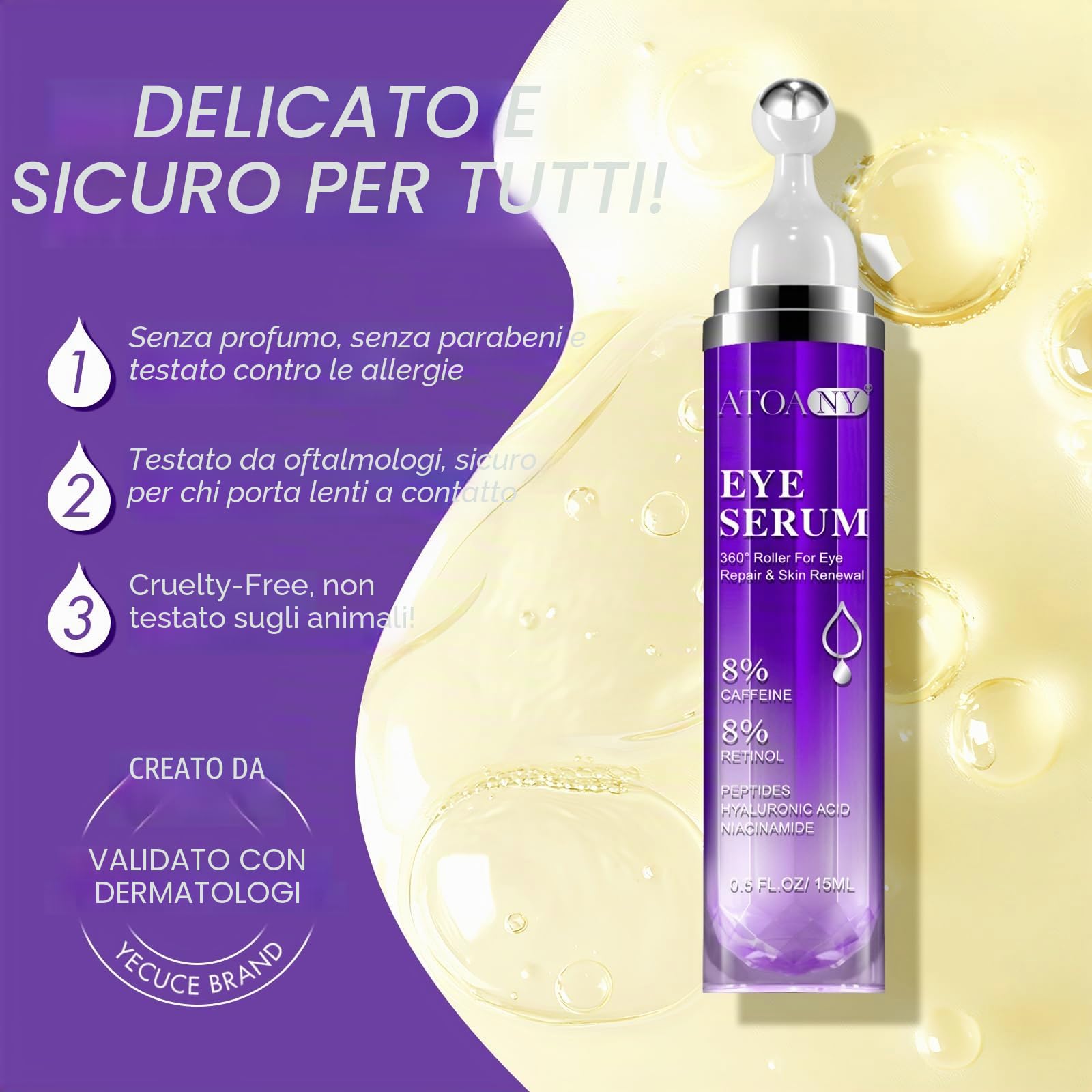 Siero per occhiaie e borse sotto gli occhi con 8% di caffeina 8% retinolo, ialuronniacinamide, anti-invecchiamento per borse e gonfiori, con pallina massaggiante a 360° per donne e uomini