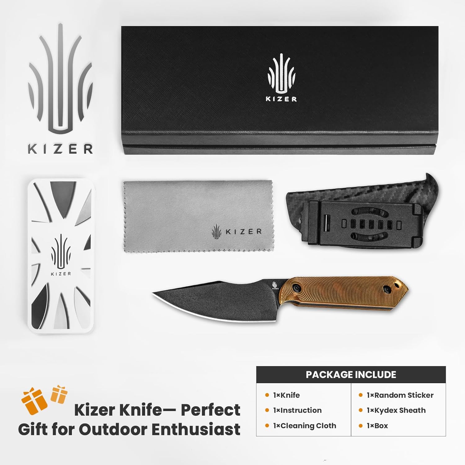 Kizer Harpoon Mini Fixed Blade Knife with Sheath, 3V Steel Blade Hunting Knife, PEI Handle Camping EDC Knives for Camping, Hiking, Survival 1040S5