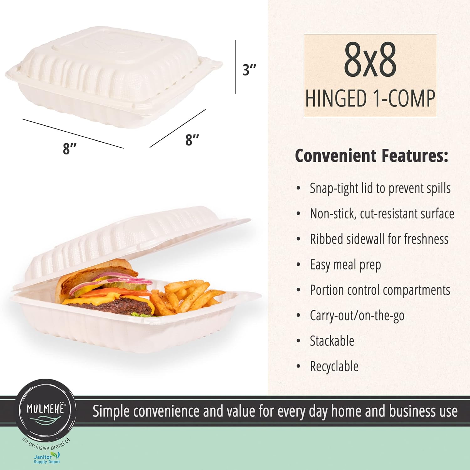 MULMEHË Mineral Filled Polypropylene Plastic Hinged Take Out Food Containers, 8x8x3, Vented Single Compartment, Natural White, 200 per Case
