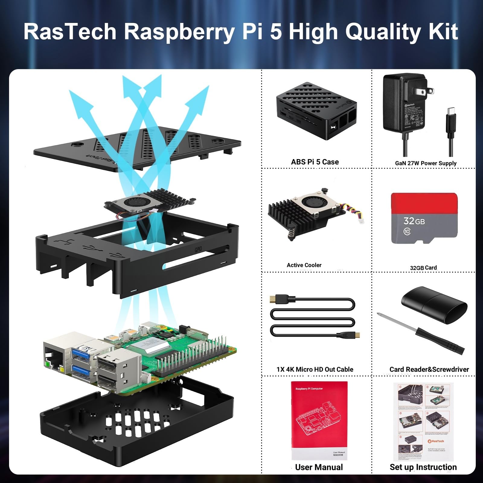 RasTech - Kit per Raspberry Pi 5 da 16 GB con alimentatore USB-C GaN 27 W 5,1 V 5 A, dispositivo di raffreddamento attivo, kit riders per schede da 32 GB, cavo Micro HD Out 4K, custodia per scheda Pi