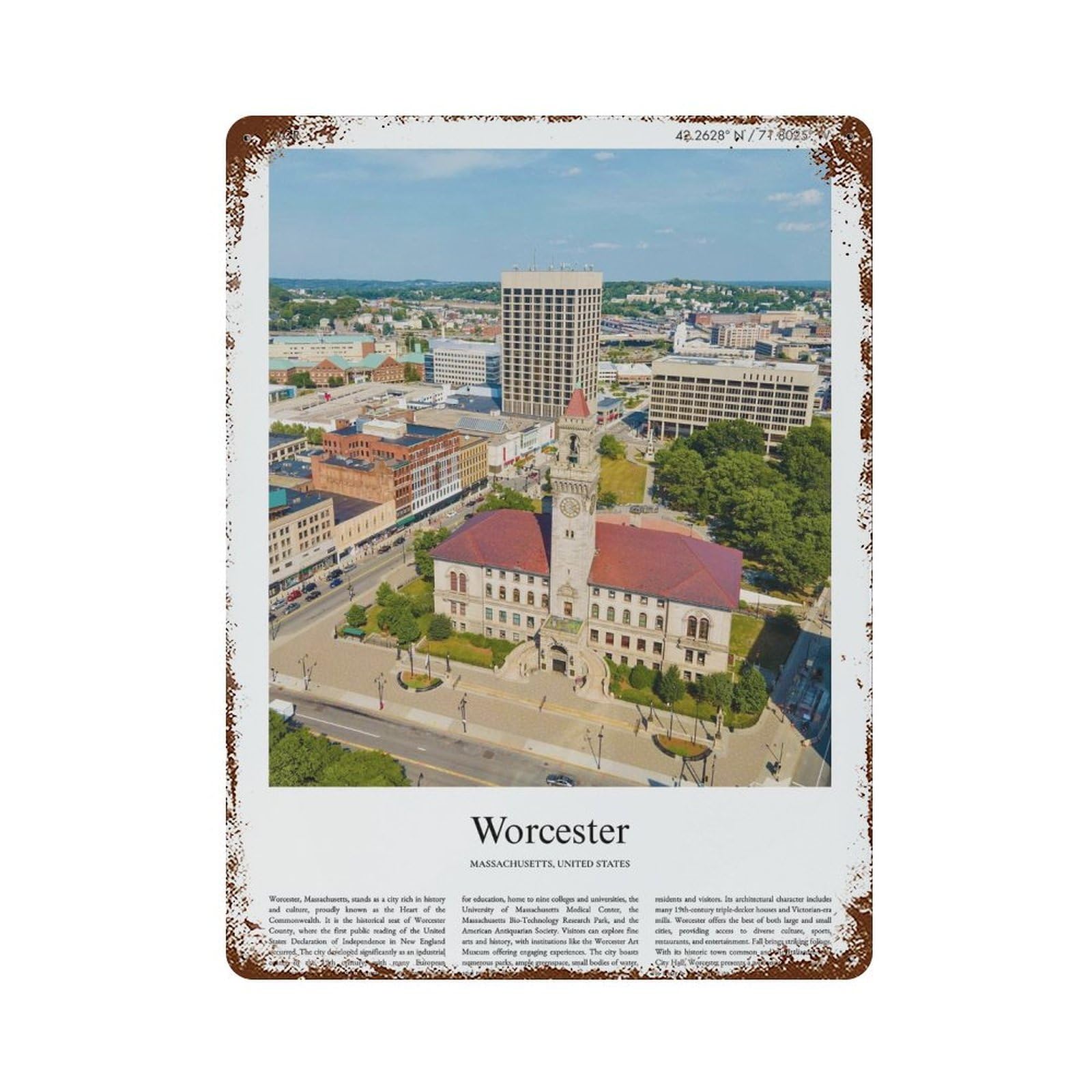 xiaoxiaoshen Worcester Massachusetts, United States, USA City Scenery Wall Decor Art Metal Tin Poster Modern Home Decor Art Home Bar Shop Decorations Vintage Sign 40x30cm