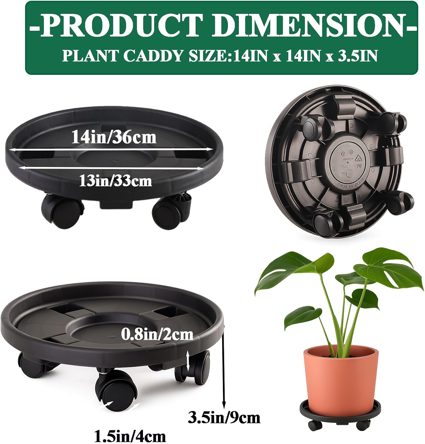 Rolling Plant Stand with Wheels 5 Pack 14 Inch Plant Caddy with Wheels Heavy Duty Plant Dolly Roller Base with Wheels Round Flower Pot Rack Holder Planter Trolley Tray, Black