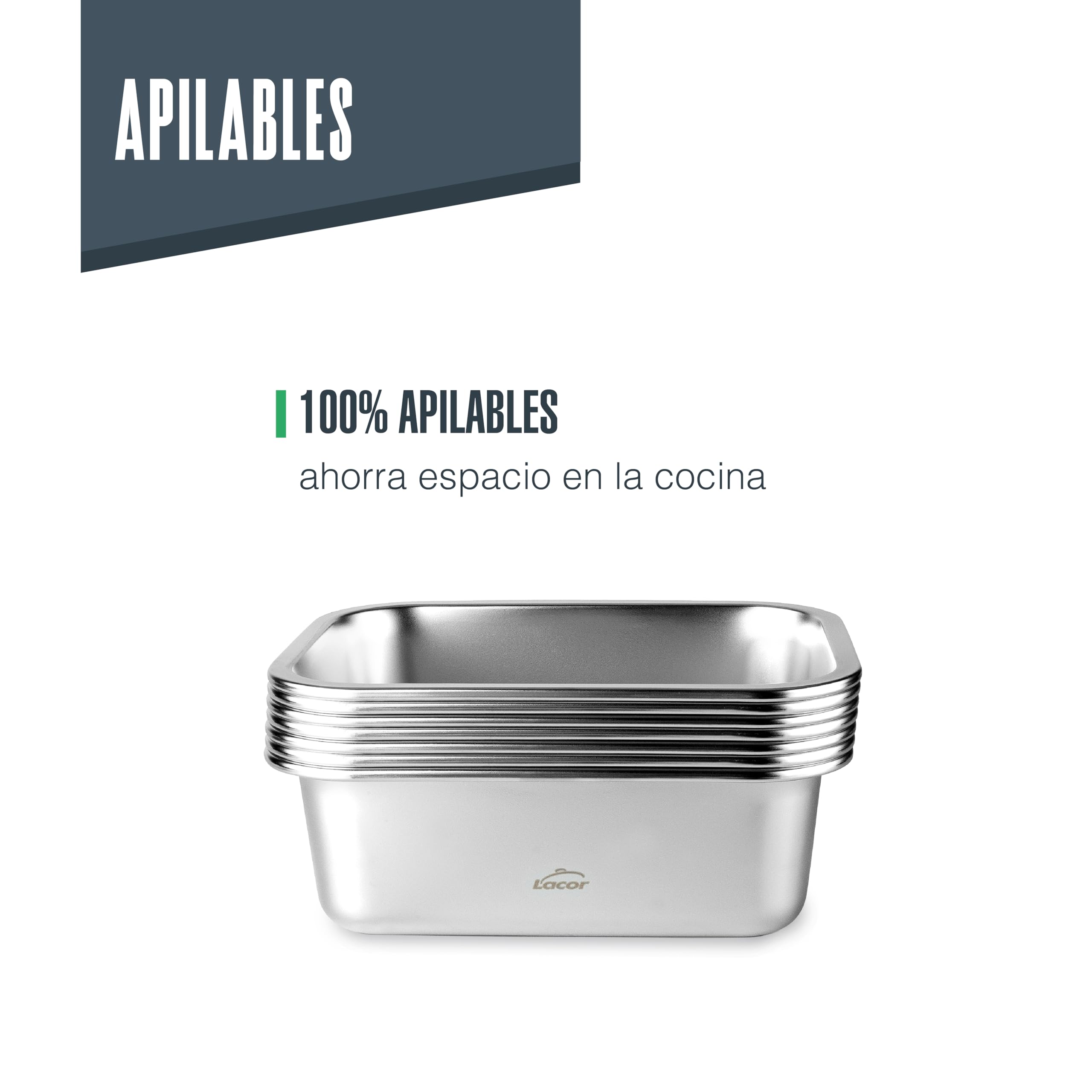 LACOR 64623 - Set 3 Recipientes Ecoinox - Acero Inox 18/10, 260 ml | Capacidades 3 x 260ml, rectangular, apto para horno, apto para lavavajillas, cierre hermético