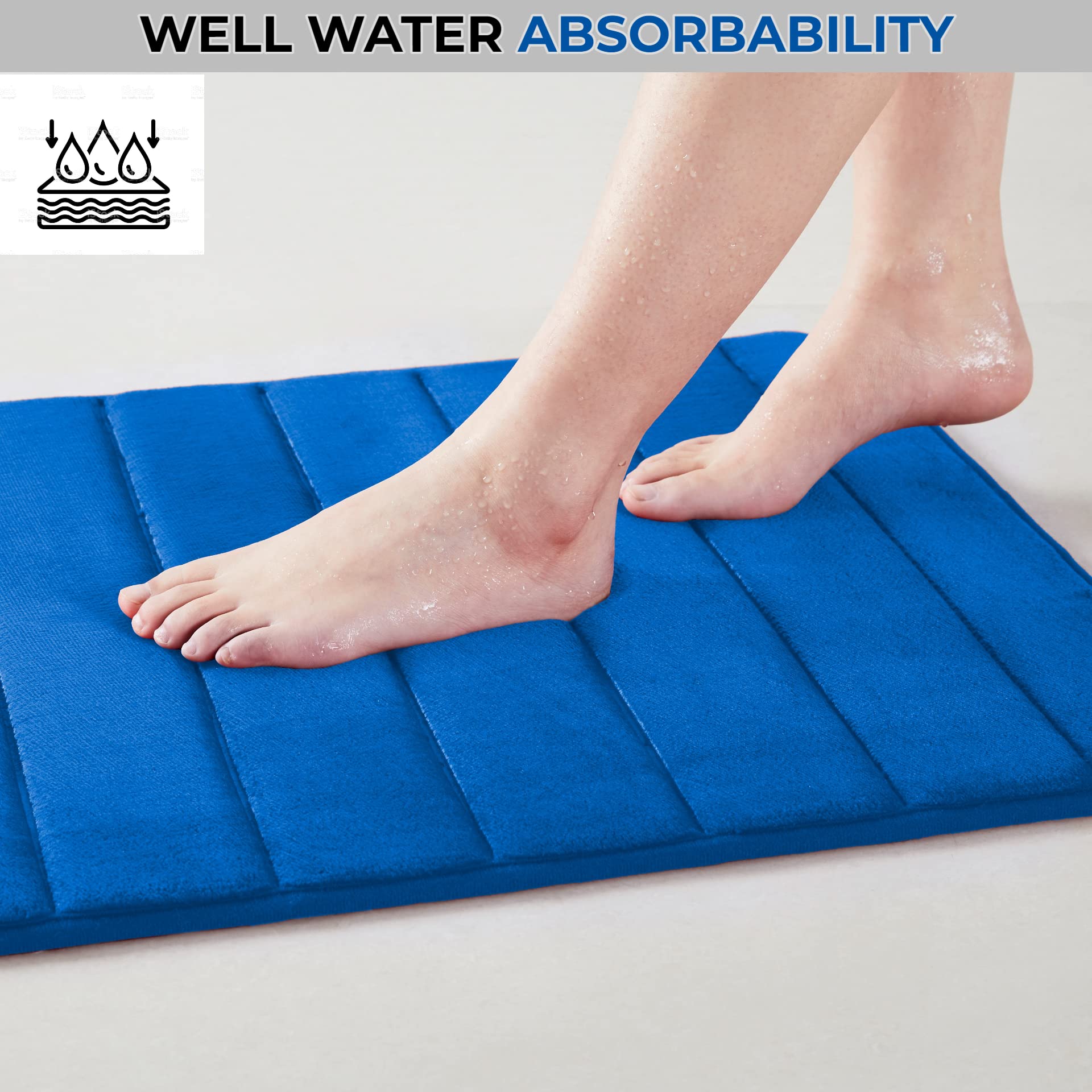 Luxury Home Fashion Juego de 2 alfombras de baño de espuma viscoelástica de color sólido con diseño de rayas y reverso de PVC antideslizante (azul real)