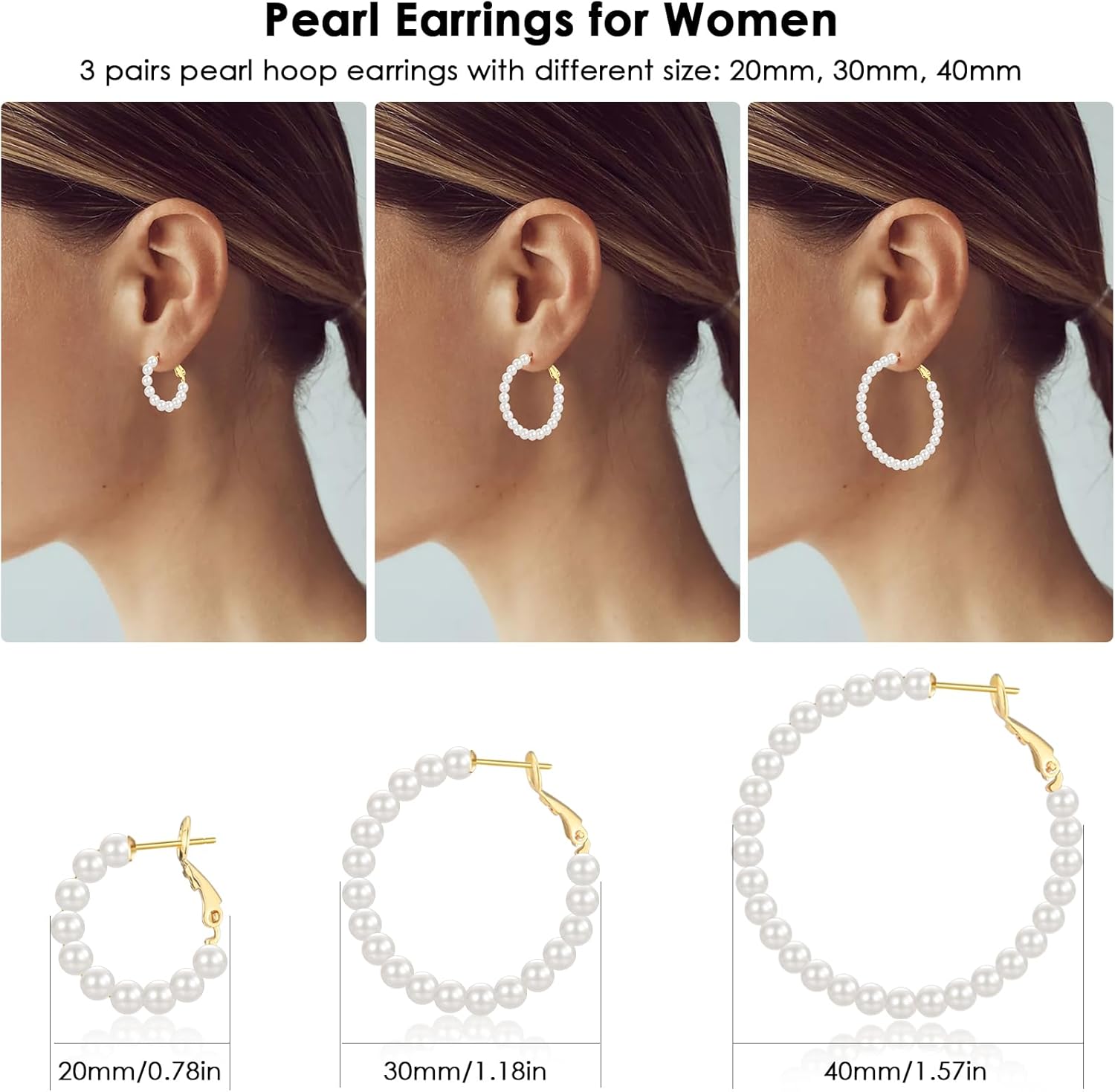 CERSLIMO Pearl Hoop Earrings for Women - 3 Pairs 14K Gold Plated & Sterling Silver Post Big Large Hoops 4mm Pearl Earrings Jewelry Gifts 20/30/40/50mm - Image 2