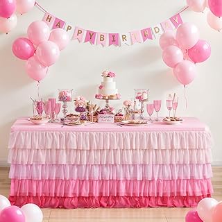 Pink Table Skirt Tutu Ruffled Tablecloth for Rectangle Table 6ft Baby Shower Gradient Pink Girls Birthday Party Unicorn Home Decor