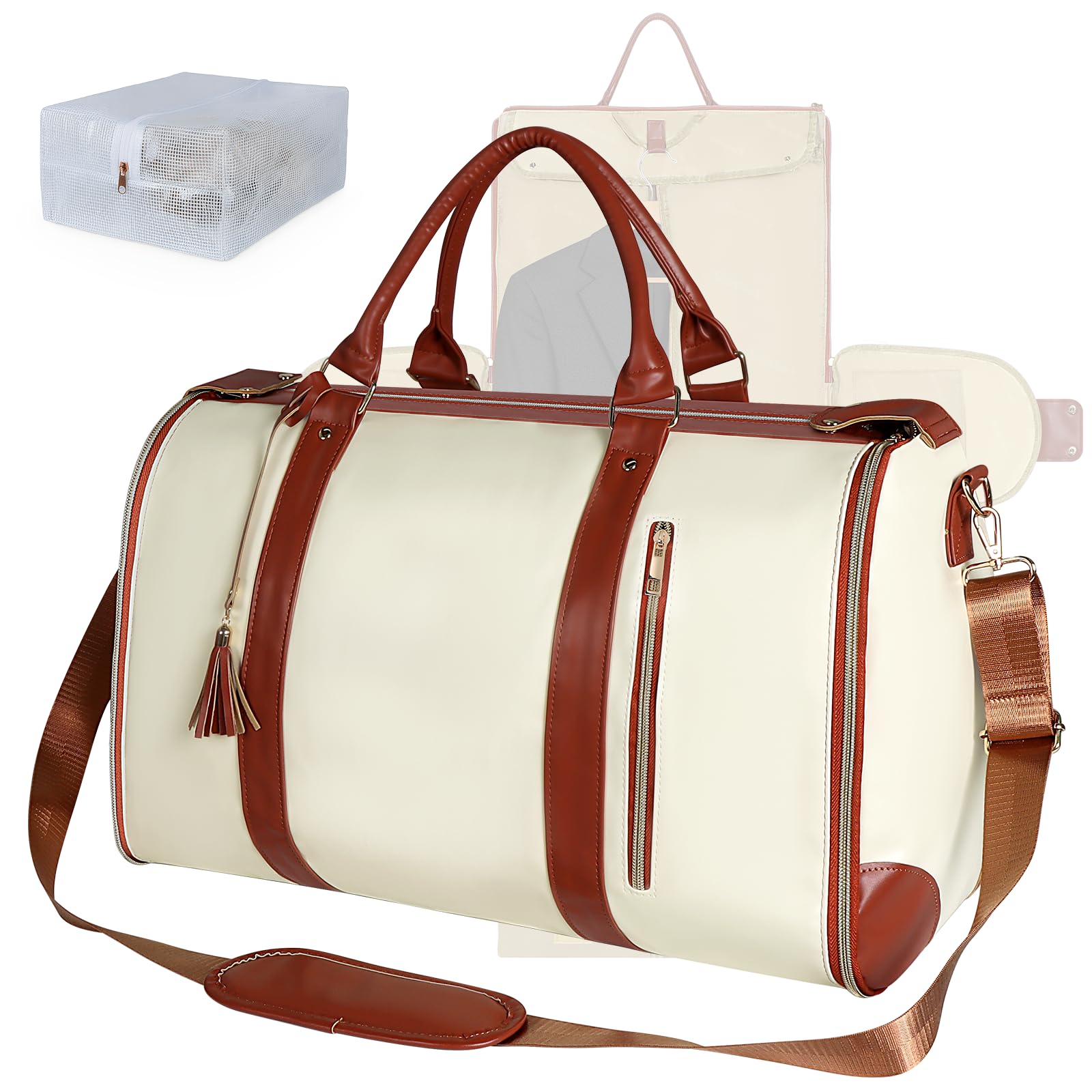 Convertible Garment Duffle Bag for Travel, Carry On Garment Bag with Shoe Pouch, PU Leather, 2 in 1 Hanging Suit Travel Bags Large Weekender Overnight