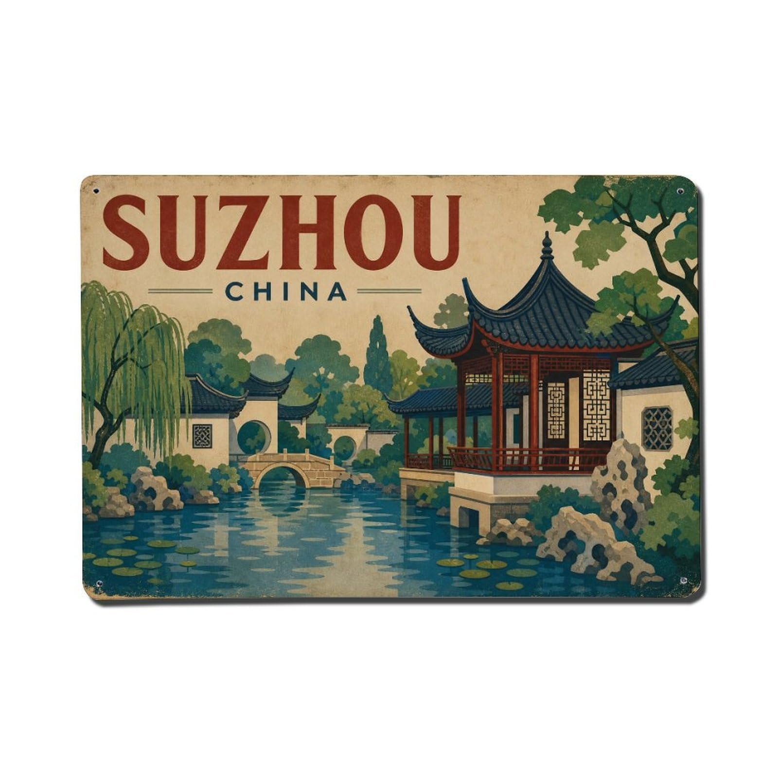 Vintage Travel China Suzhou Metal Tin Sign Plaque Wall Decor for Cafe, Club Bar, Office, Garden Metal Poster 8x12Inch