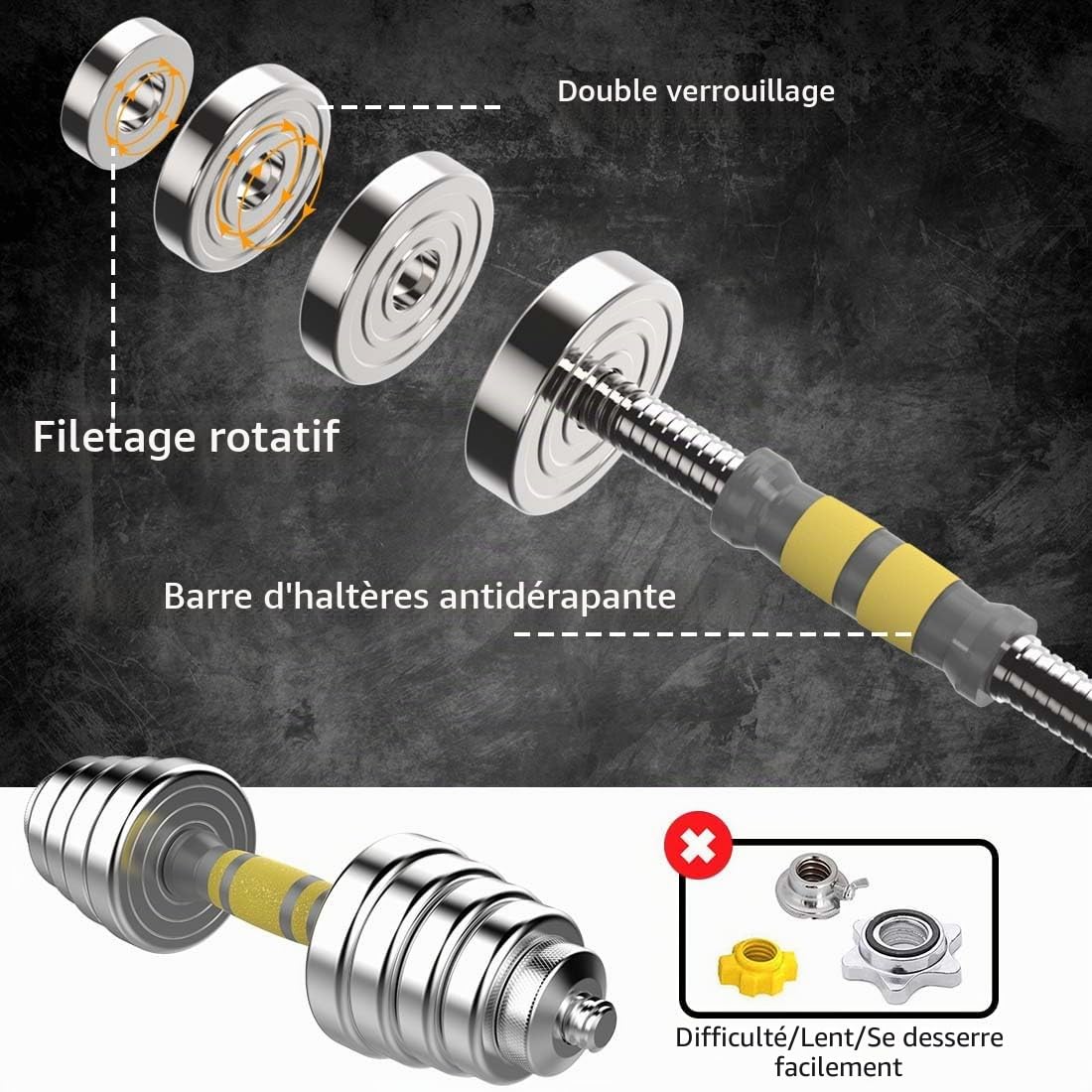 PHOEROS Ensemble d'Haltères Réglables - Set de Poids 20/30/40 KG, Haltère Barre Kettlebell 3 en 1, Haltères en Acier Paire pour Fitness Musculation, Équipement Sportif Domicile Homme Femme