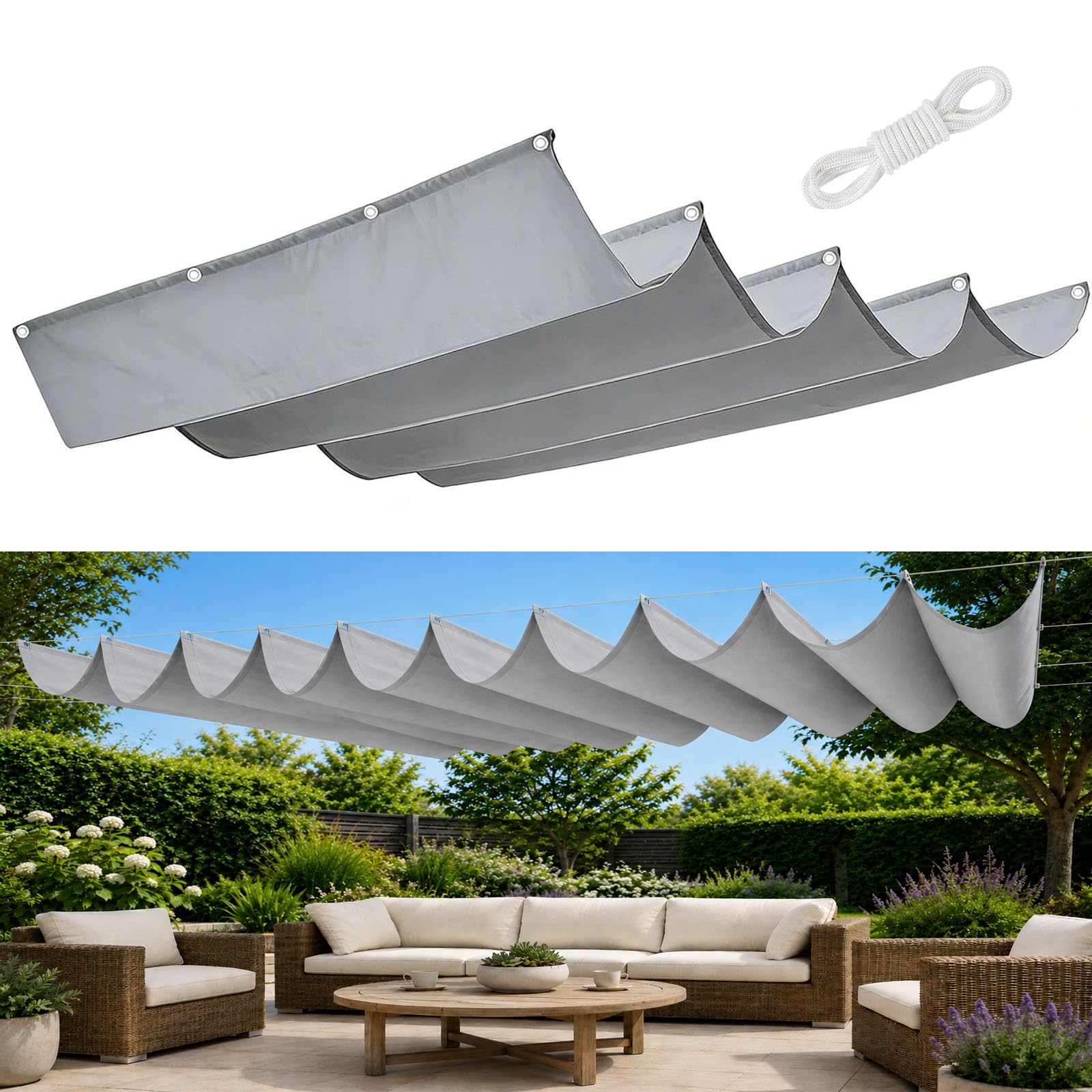 Voile d'ombrage vague rétractable gris clair 230x525 cm pour terrasse