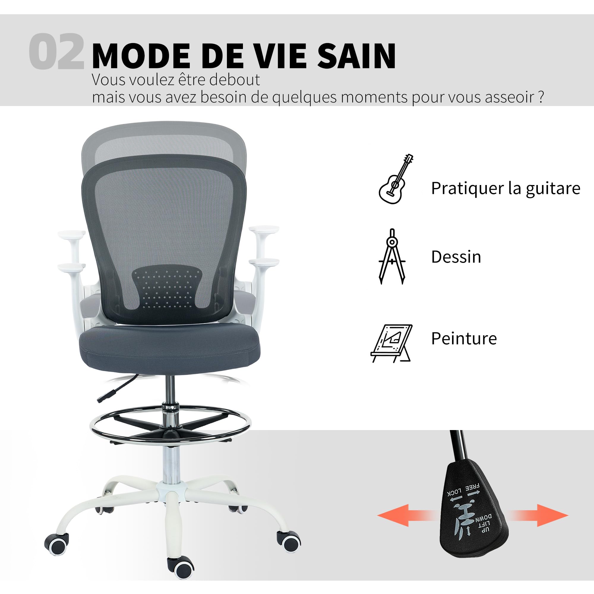 HOMCOM Silla de oficina ergonómica con reposapiés ajustable y reposabrazos elevables, Silla de dibujo con respaldo de malla, altura ajustable, reposabrazos altos, giratoria 360°, gris