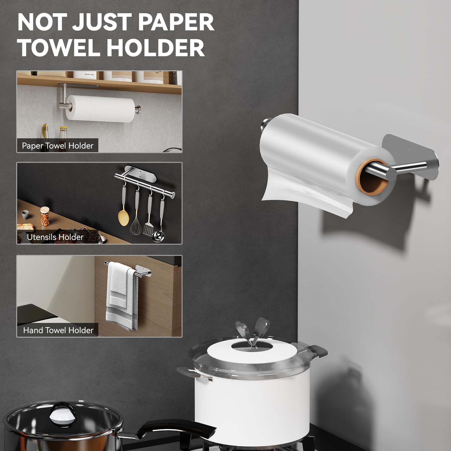Soporte para toallas de papel debajo del gabinete, rollos de papel autoadhesivos para cocina, montaje en pared de acero inoxidable grueso a prueba de óxido, ambos disponibles en adhesivo y 4