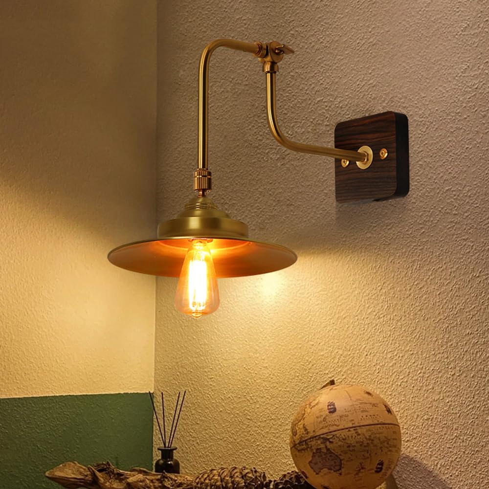 HPTHLY Vintage Swing Arm Wall Light Brass Wall Sconce Adjustable Wood Wall Lamp With Brushed Brass Shade, Rustic Copper Wall Light Fixture For Bedroom Bedsi(Hardwired)