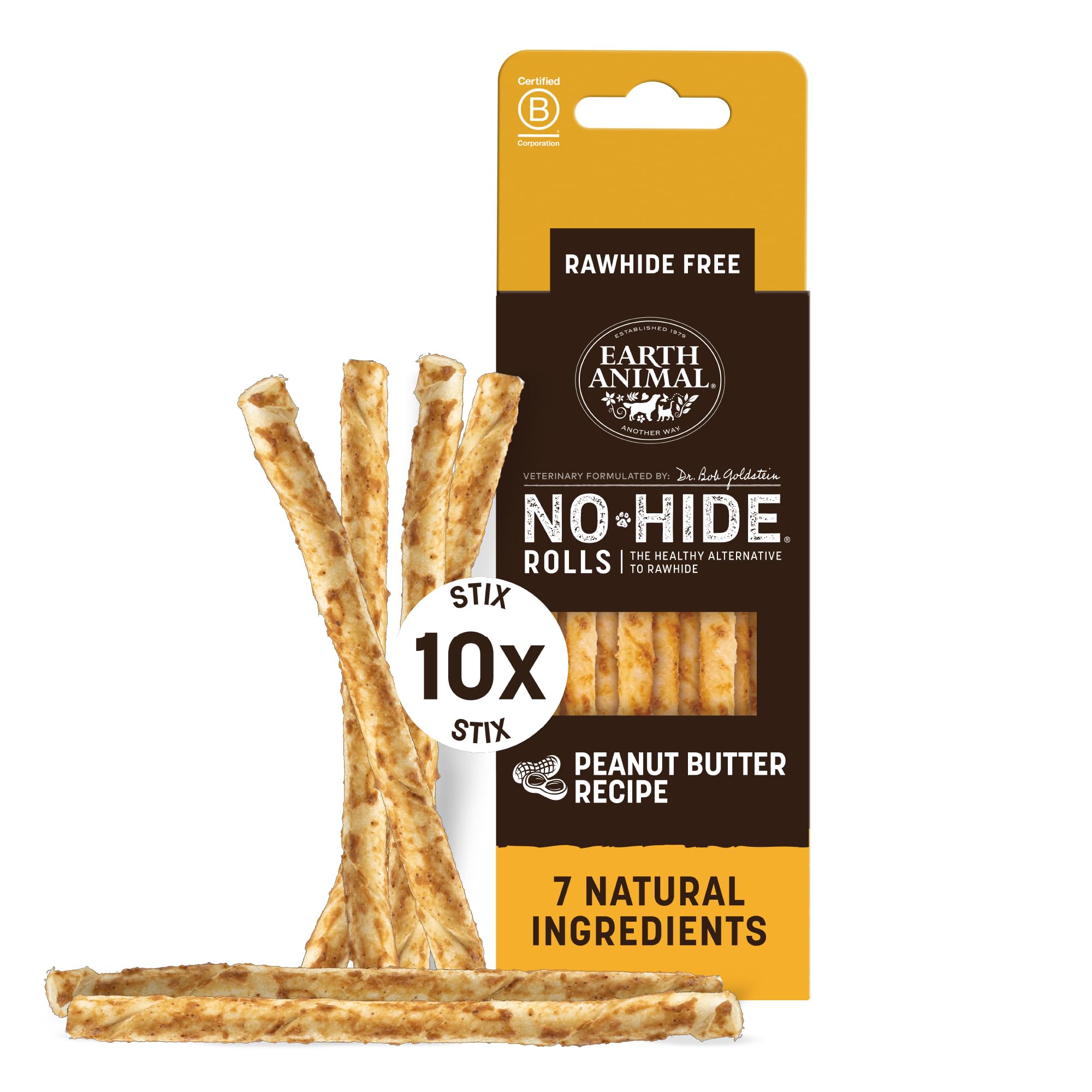 Earth Animal No-Hide® Peanut Butter Stix (10 Chews Per Pack) – Long-Lasting Cat & Dog Chews – Natural Dog Treats for Small Dogs (< 5 kg) – Supports Healthy Teeth & Gums – 100% Recyclable Packaging