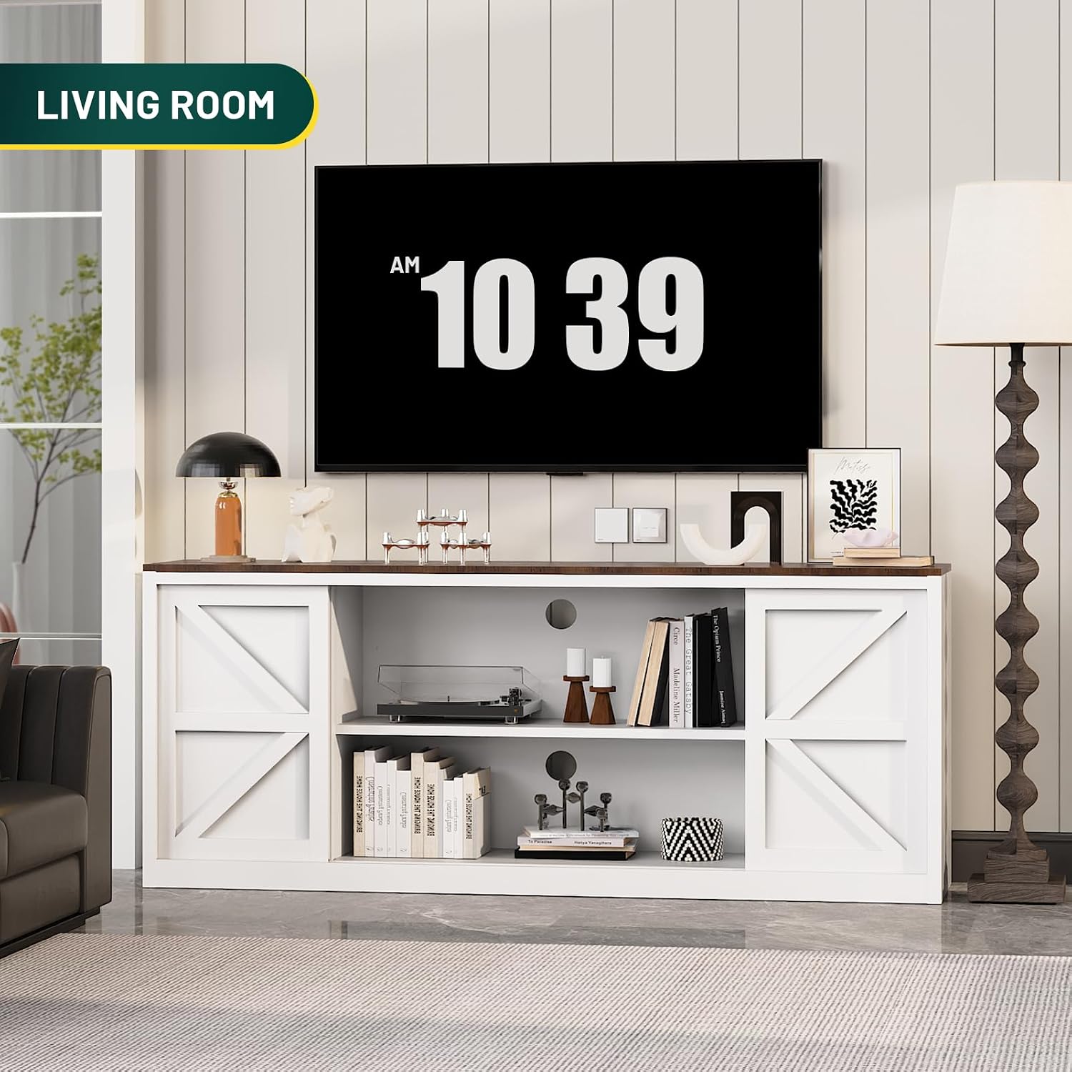 Eltean Farmhouse TV Stand for 65 Inch TV with Sliding Barn Doors & Magnetic Closure,3-Storage Cabinet Entertainment Center,Steel Frame with Solid Wood Top,Modern TV Consoles for Bedroom/Living Room