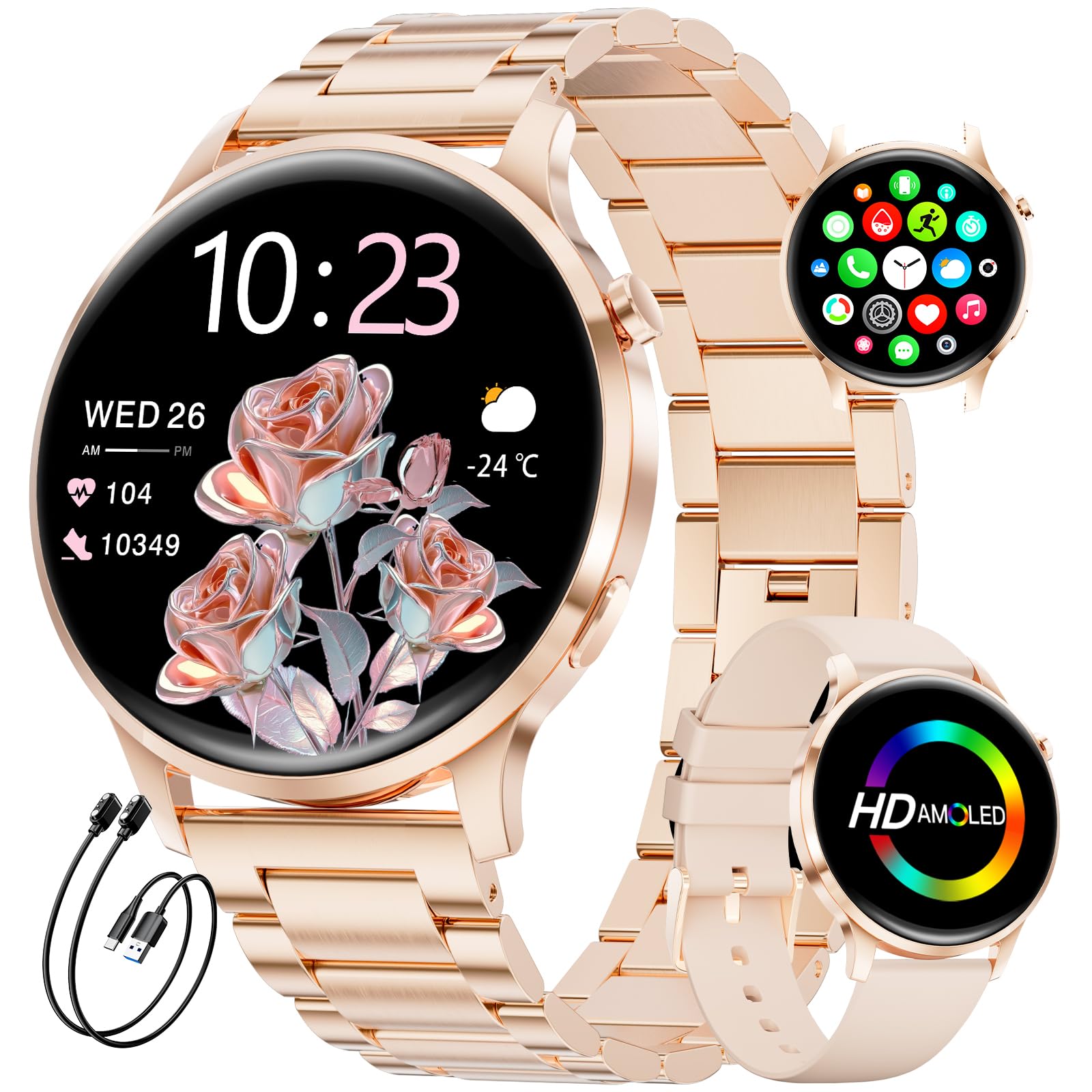 Smartwatch Donna, 1.32" AMOLED Orologio Intelligente Donna con Chiamate Bluetooth, 100+ Modalità Sportive Fitness Tracker con 2 Cinturini, Podometro, Smart Watch per Android iOS (Oro rosa)