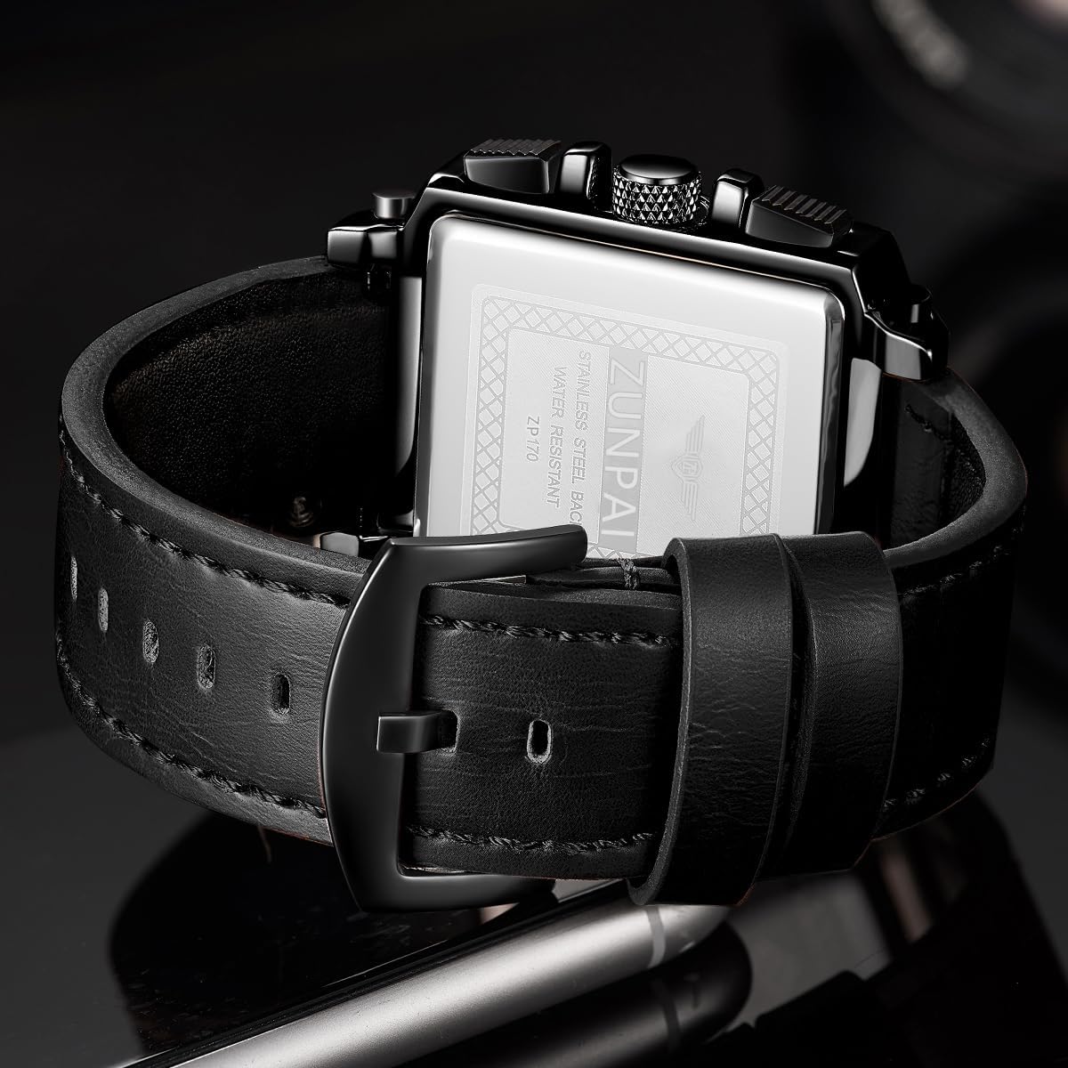 senstone Men's Square Chronograph Quartz Watch Waterproof Luminous Wristwatch with Date Calendar, Leather Strap Stylish Casual Dress Watch for Men - Image 7