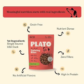 Plato Pet Treats Air Dried Small Bites Dog Treats, Natural Bite Sized Real Meat & Duck, Grain Free & High Protein, Made in the USA, 6oz