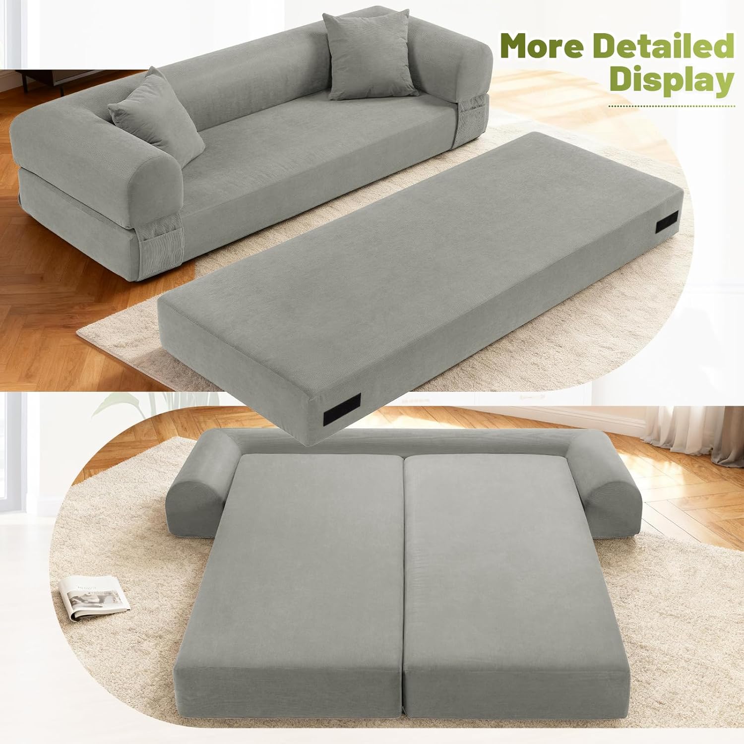 80 Inch Convertible Sofa Bed,Folding Pull Out Couch with Pillows & Storage Pocket,Corduroy Queen Sleeper Sofa in a Box,No Assembly Boneless Couch for Living Room,Light Gray