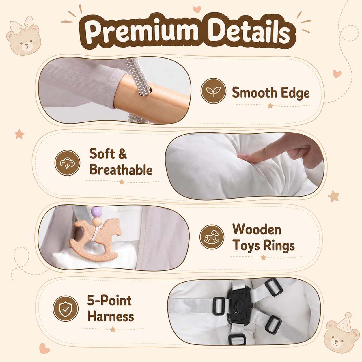 Altalena per Bambini da Interno ed Esterno 3 in 1, Altalena Sospesa in Legno con Cintura di Sicurezza e Cuscino in Cotone, Altalena sospesa e seggiolino, Sedia a Sdraio per Bambini, 6-36 Mesi