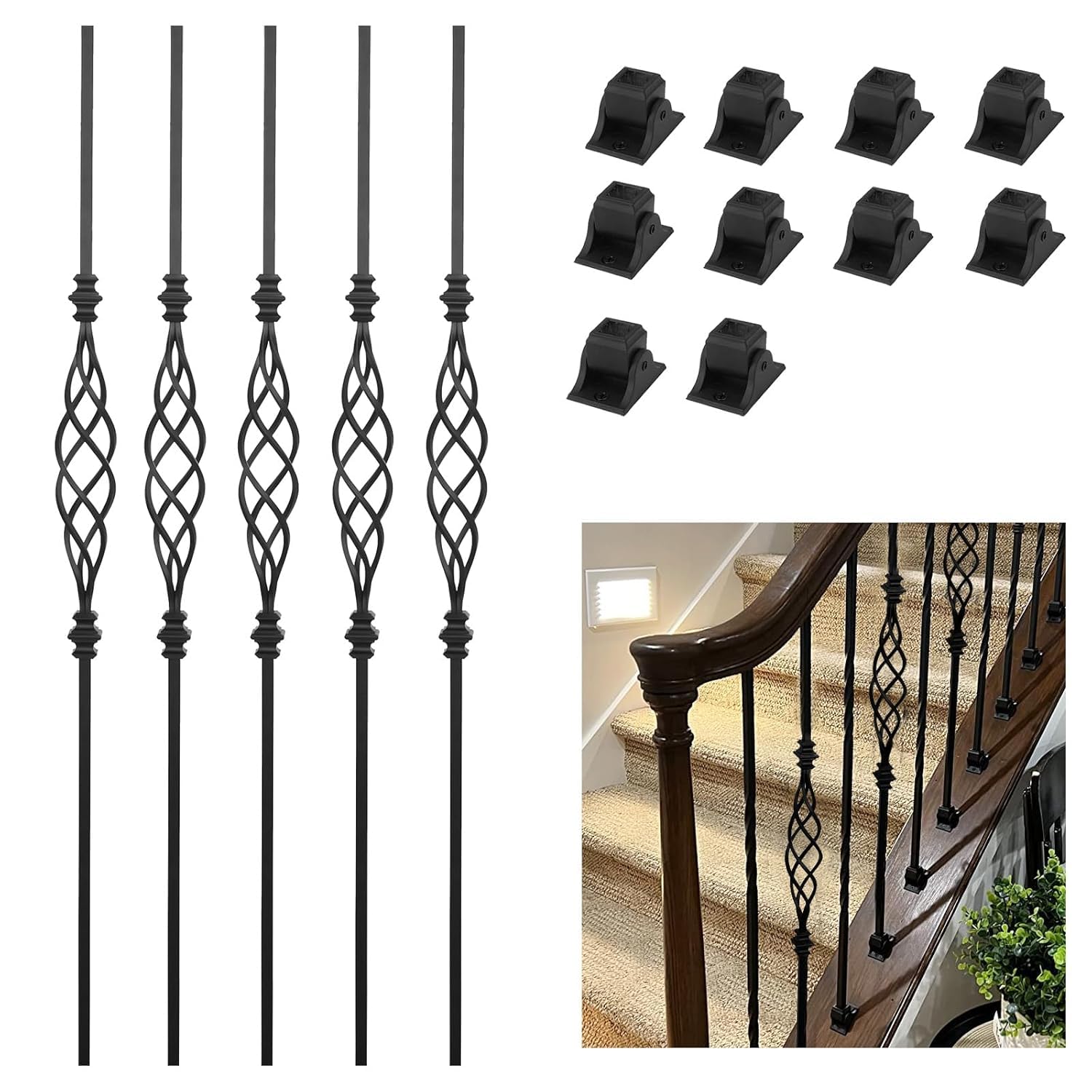 Sidasu 5-Pack Iron Stair Balusters for Staircase Interior, Hollow Big Basket Iron Spindles 1/2" Square Metal Balusters with Swivel Shoes