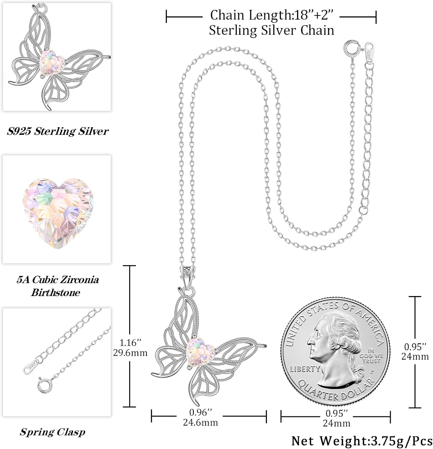 Filigree Butterfly Birthstone Pendant Necklace - 925 Sterling Silver Firework-Cut Heart Cubic Zirconia Twine Butterfly Necklace Anniversary Birthday Jewelry Gift for Women Wife Mom Daughter - Image 4