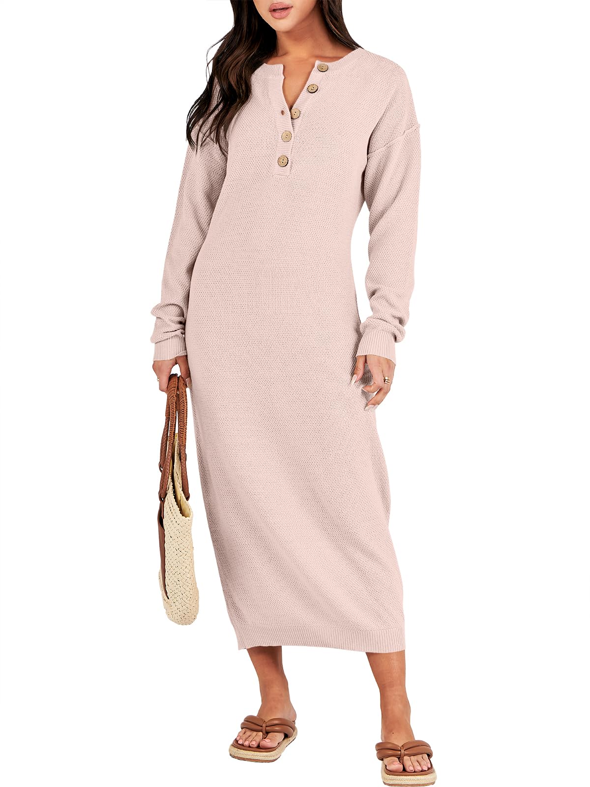 ANRABESSWomen Sweater Dress Long Sleeve Button V Neck Oversized Casual Loose Fall Waffle Knit Long Dress