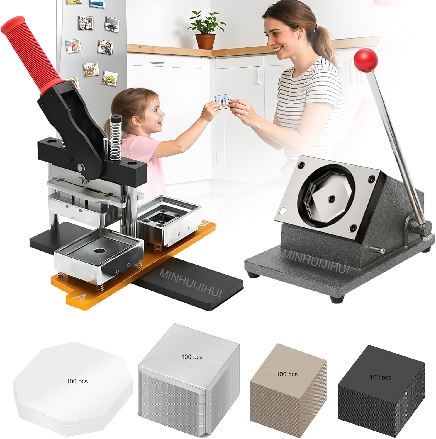 Fridge Photo Magnet Maker Machine 2x2inch, Complete Press Kit with 100 Acrylic/Cardboard Supplies, Create Custom Keepsakes for Special Occasions