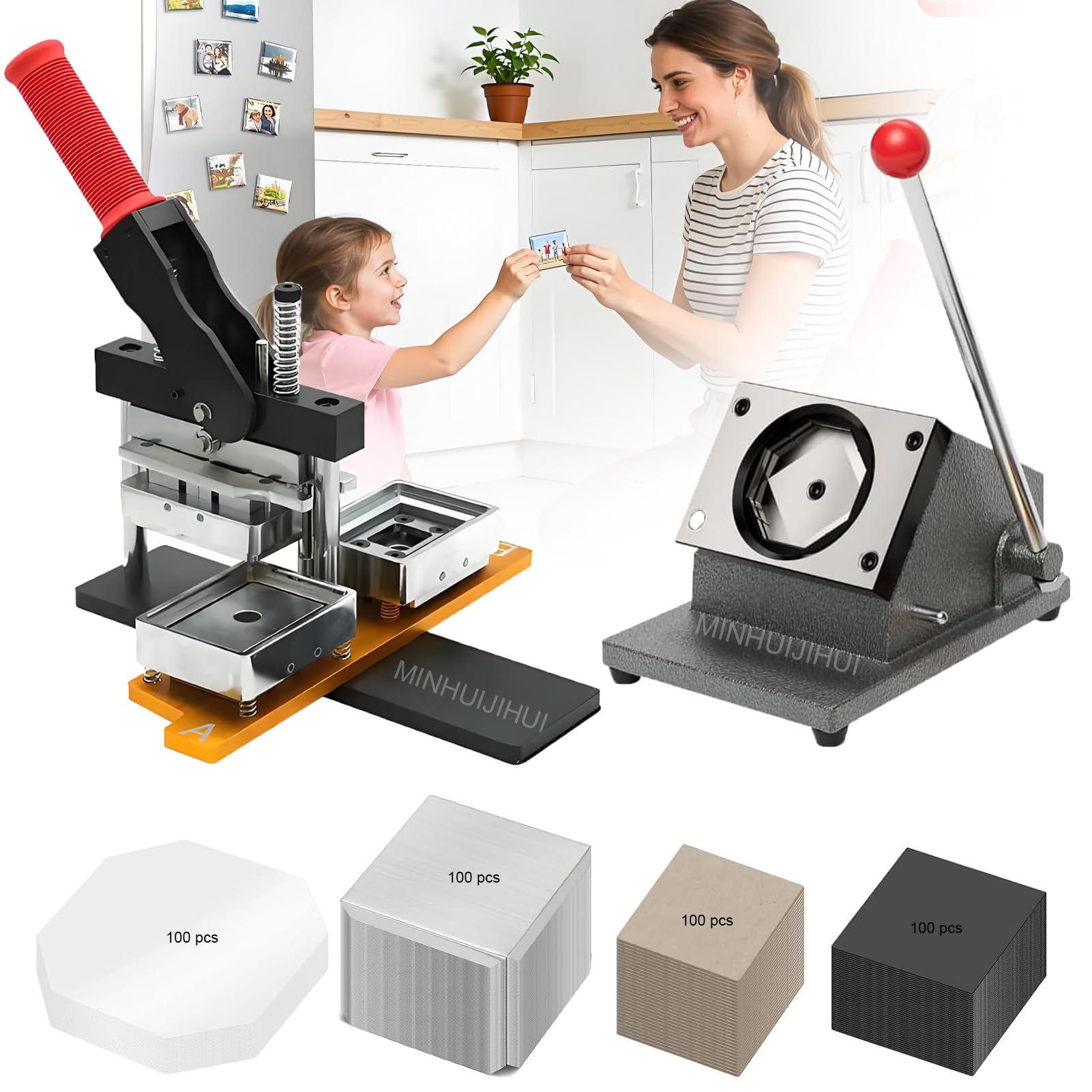 Magnetyczna prasa guzikowa, maszyna do robienia szpilek do lodówki, zestaw DIY 50 x 50 mm z 100 materiałami, trwała maszyna stalowa, idealny prezent rzemieślniczy