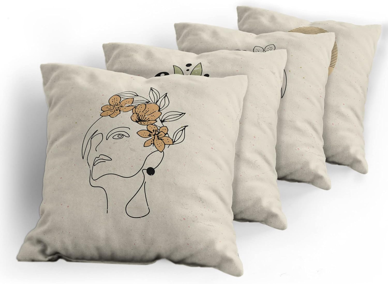 Ambesonne Minimal Art Throw Pillow Cushion Case Pack of 4, Line Drawing of a Branches and Lady Portraits Modern Simplistic, Modern Accent Double-Sided Digital Printing, 18", Eggshell Ecru Pale Green