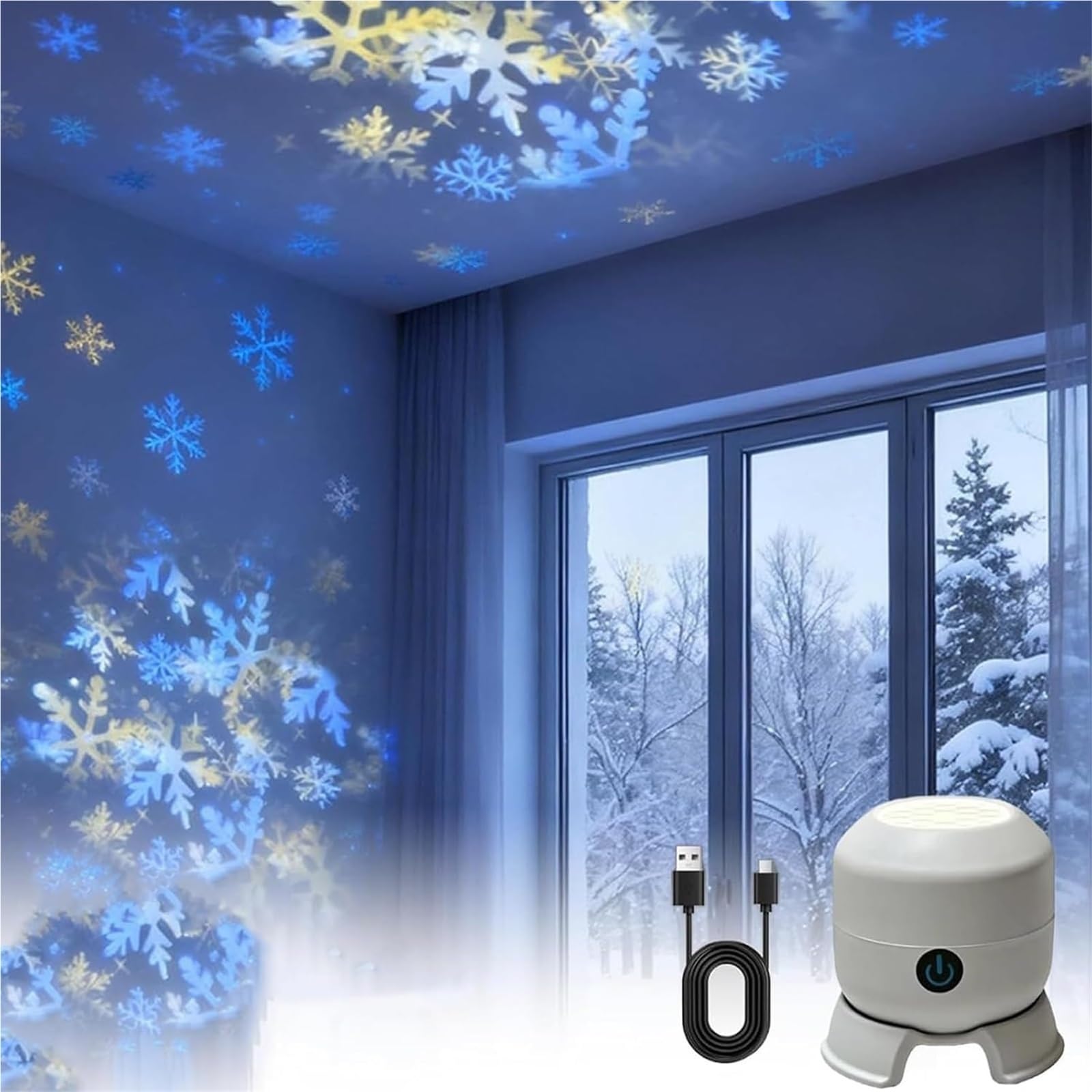 CAIFUGUIHE 360° Rotating LED Night Light Projector, Rechargeable Dimmable Dynamic Projection Lamp with Christmas Snowflake Ocean Modes, Multi-Angle Base Ambient Lighting(B,Rechargeable Version)