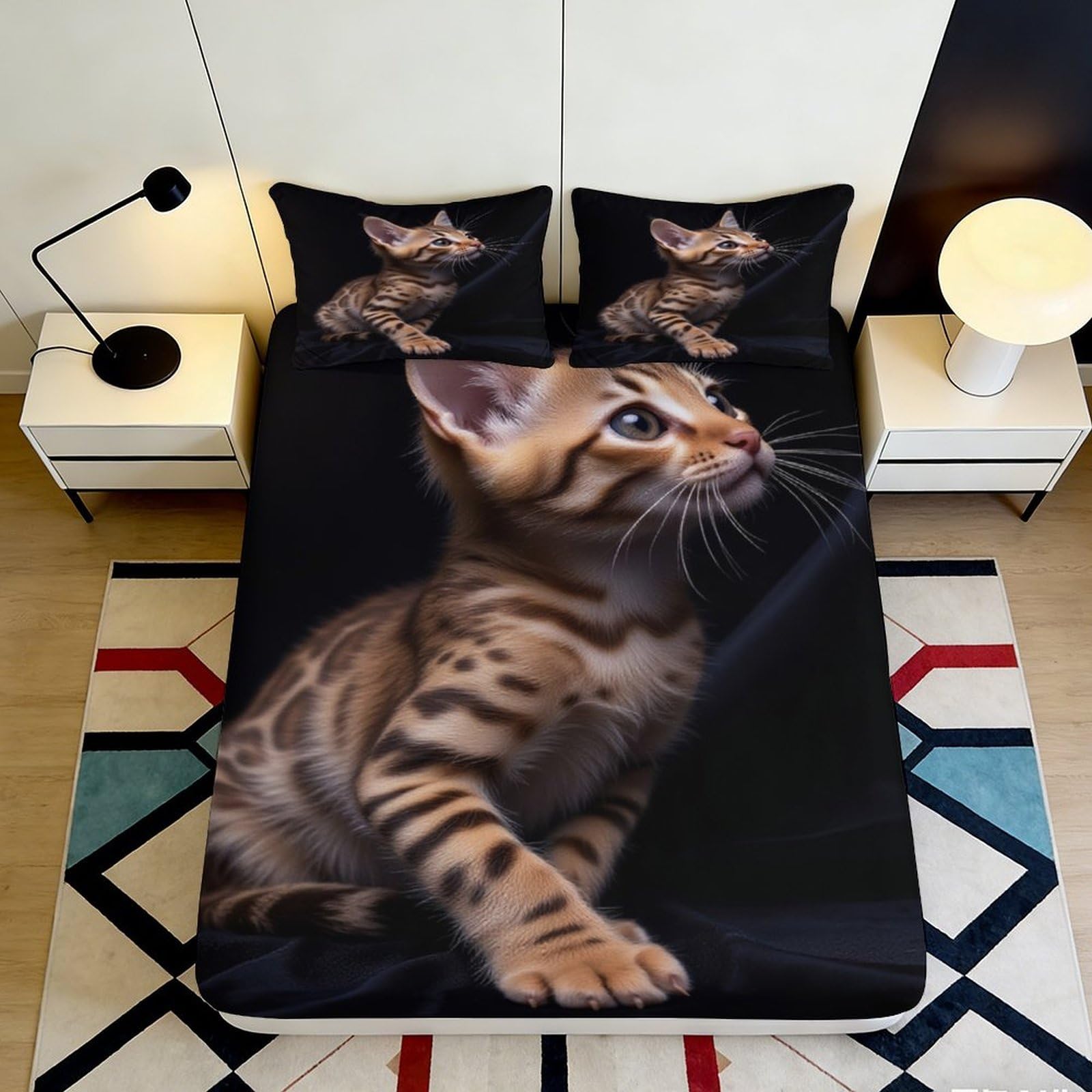 Uxinyoume Style-5 3D Printed Brown Tabby Cat Fitted Sheet Microfiber Soft Breathable Kitten Bed Cover Bedroom Decor Mattress Protection 90X200x25cm