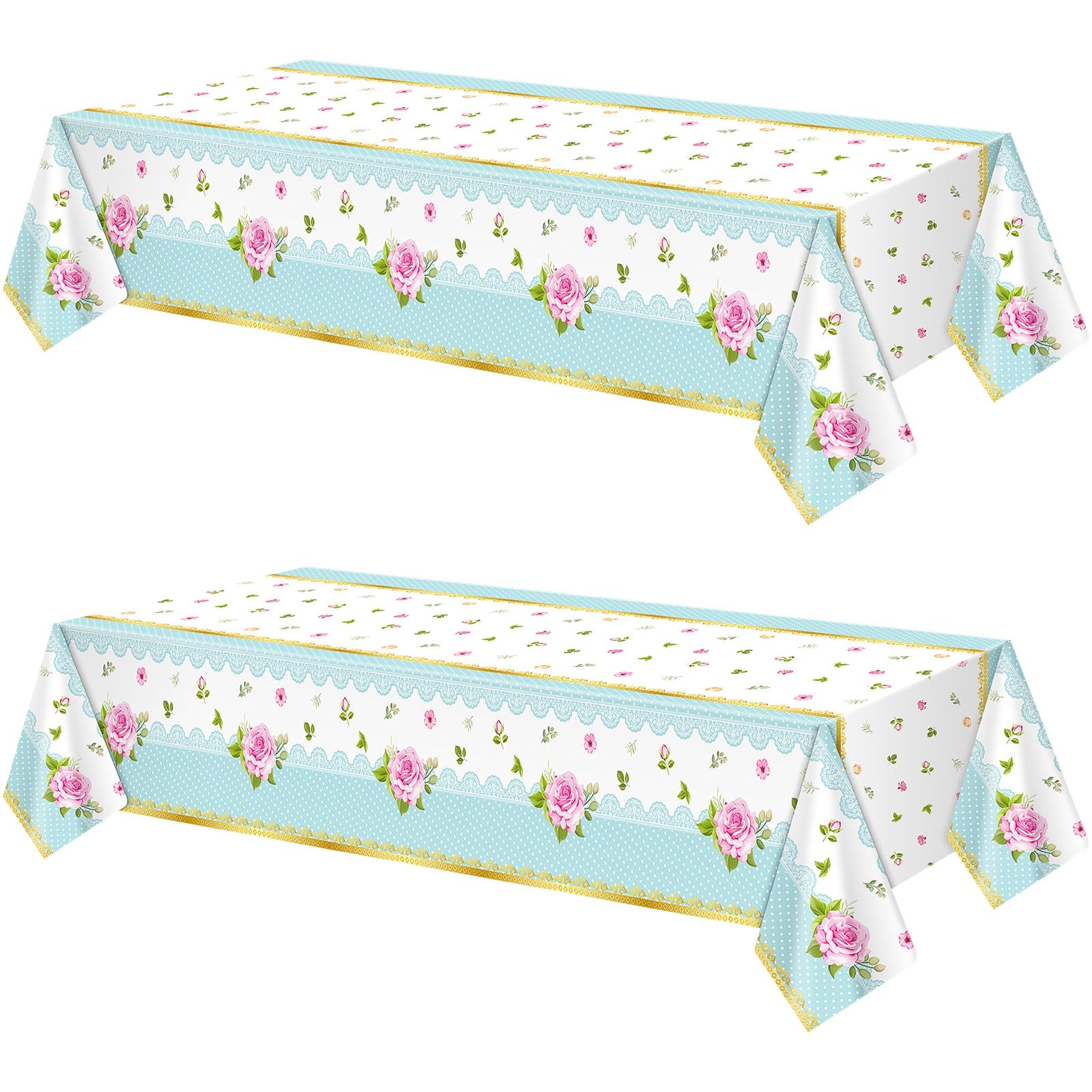 Photo 1 of Mindsoft 2 Pcs Tea Party Tablecloth Vintage Floral Tablecloth 54 x 108 Rectangle Plastic Table Cloth Rose Disposable Table Cover for Birthday Bridal Shower Wedding Tea Party Decorations (Blue)