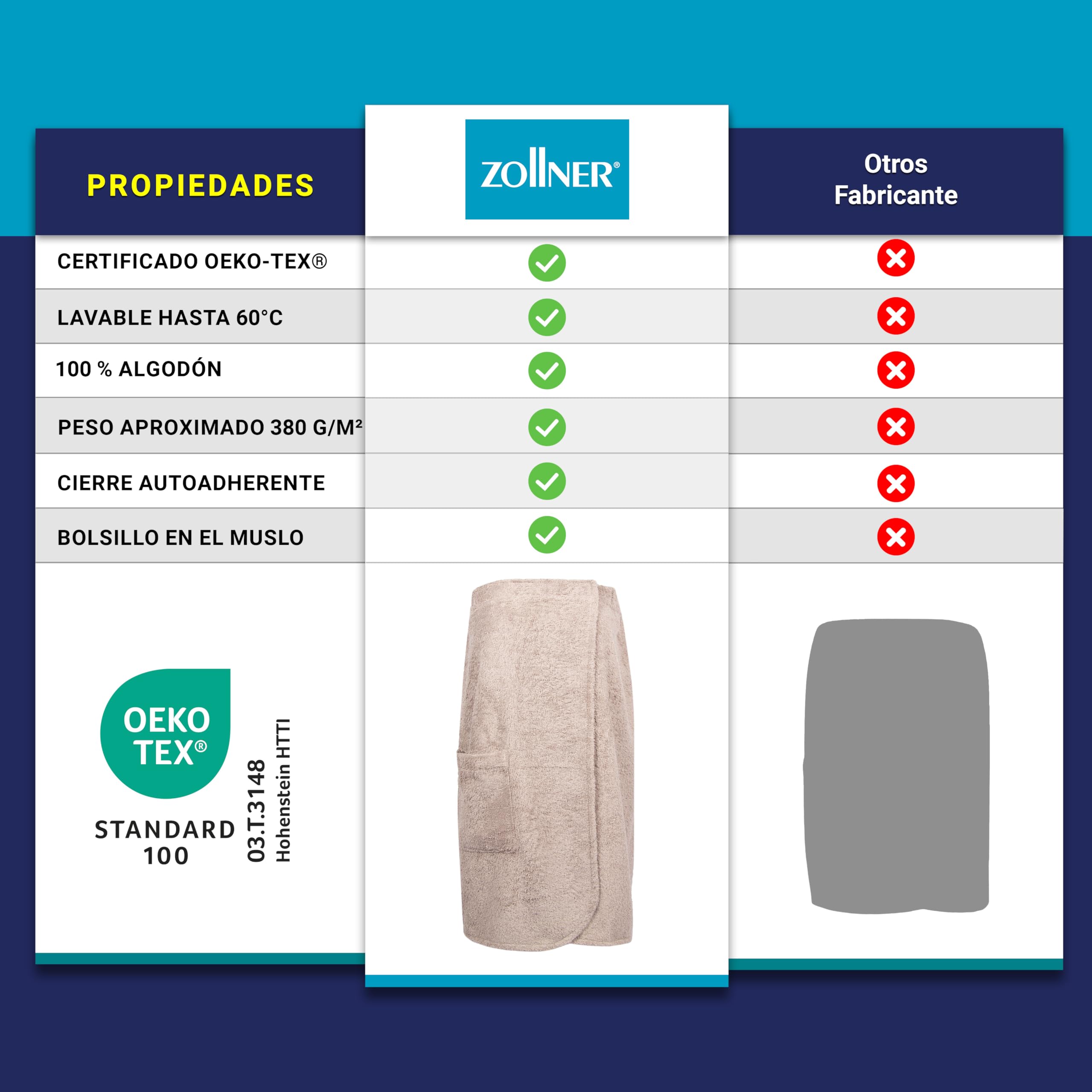 ZOLLNER Falda escocesa para sauna hombre - agradable a la piel y muy absorbente - algodón - con cintura elástica y fermeture à scratch - certificado Oeko Tex®, 197