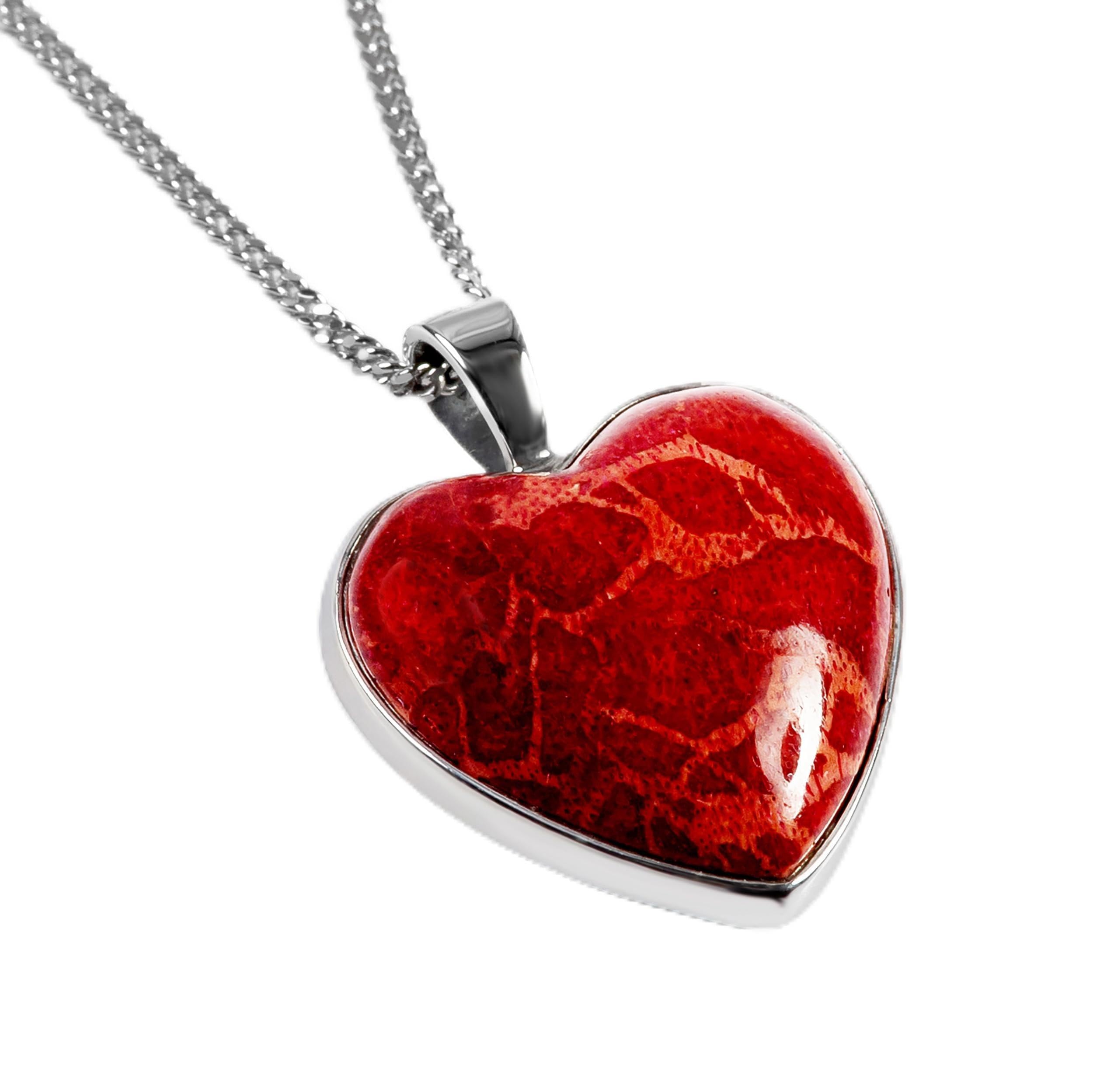 HENRYKA 925 Sterling Silver and Red Horn Coral Heart Necklace | Love Jewellery | Gifts for Her