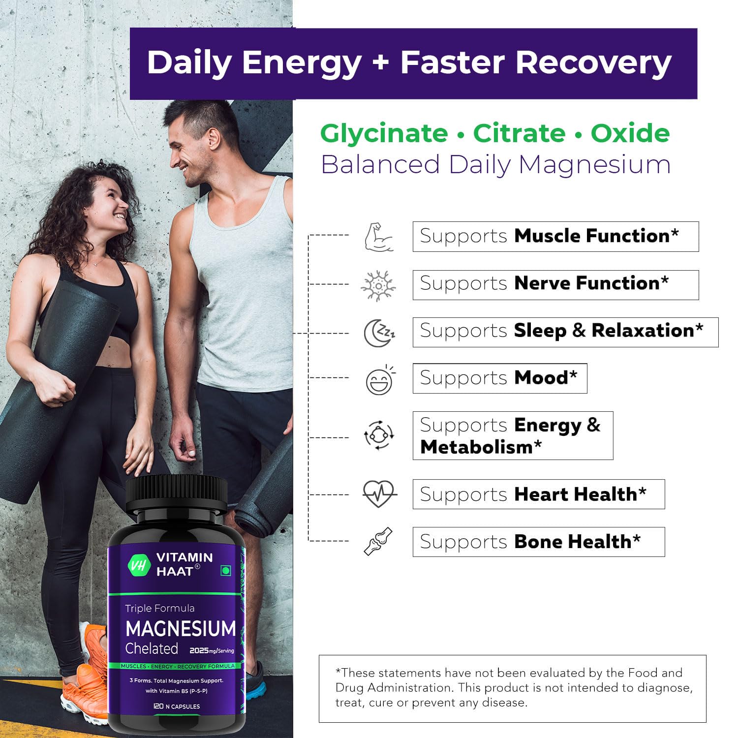 Magnesium Supplement | Magnesium Glycinate and Citrate with Vitamin B6 Supports Muscle Recovery & Better Sleep | Triple Mineral Complex |2025mg Per Serving 120 Capsules by VitaminHaat — Amazon image 5