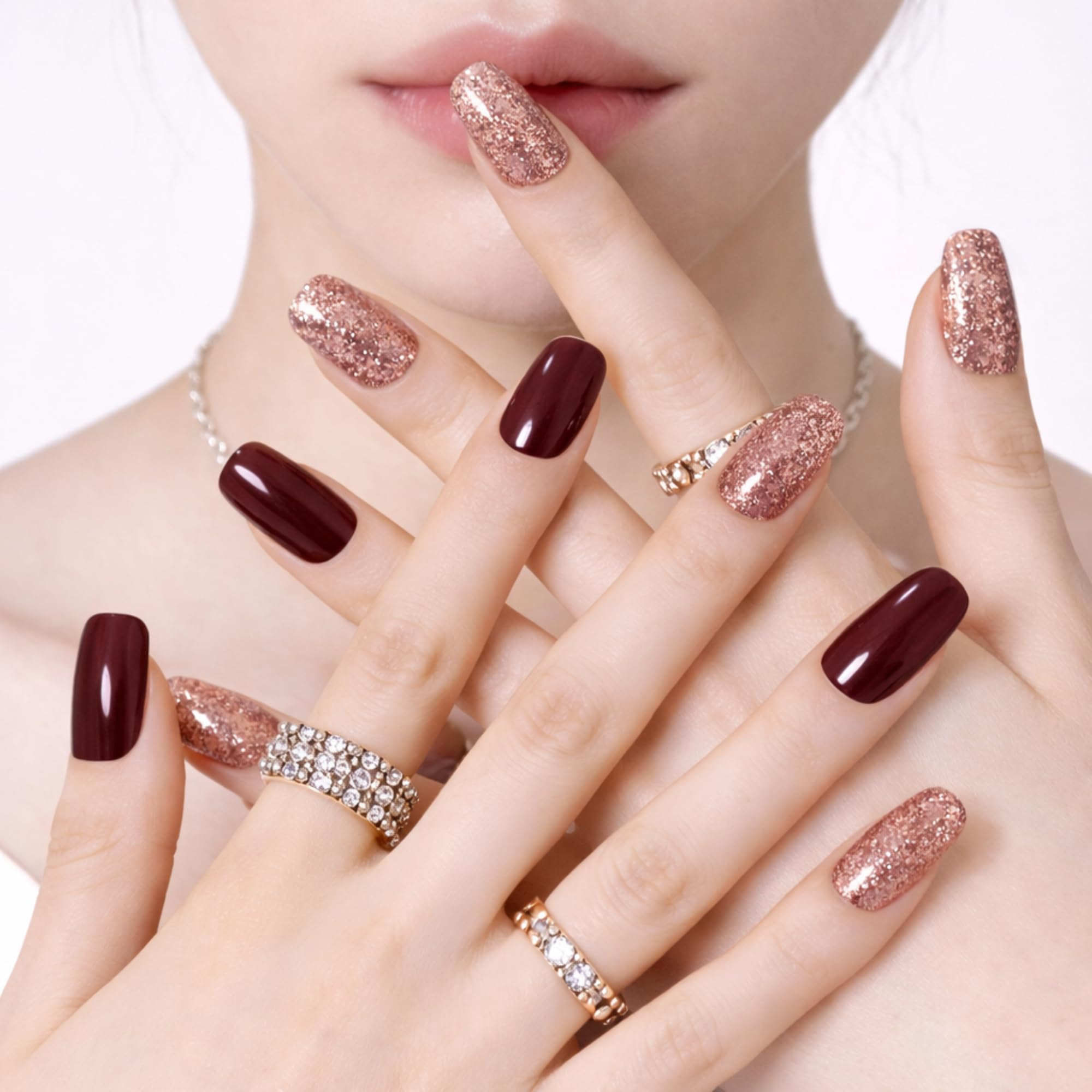 Spark Sell Burgundy Rose Gold Glitter Press On Nails Short Square – Glossy Wine Red Sparkle Fake Nails Set, Reusable Stick On Nails Kit with Adhesive Tabs, Festive Party Wedding Artificial Nails for Women (24 Pieces)-image-27