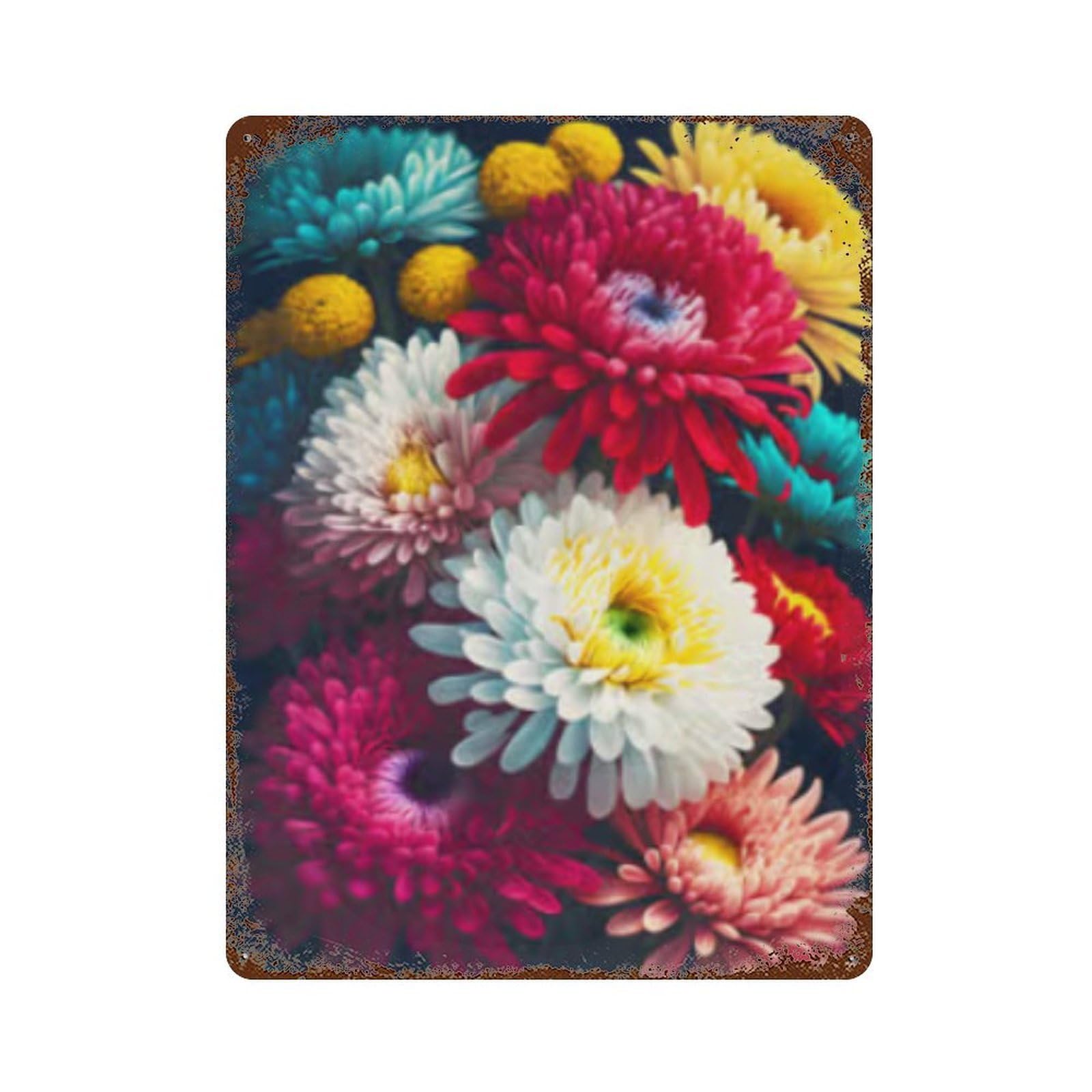 Rust Effect Colorful Flower Bouquet-8 Rustic Tin Plaque 15.7"x11.8", Industrial Home Decor for Bistro, Counter And Cafe Decor