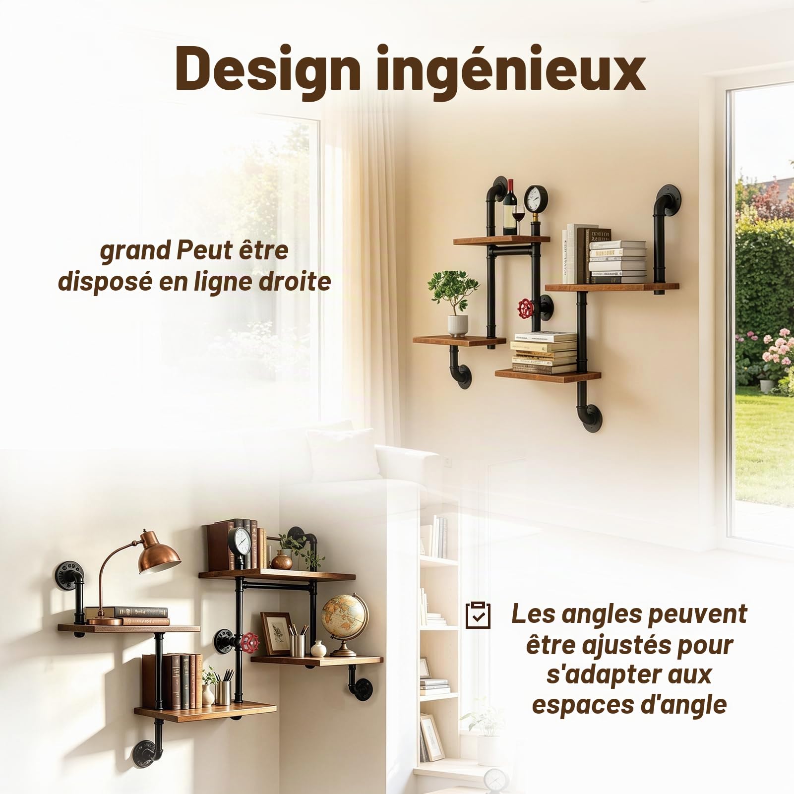 Étagères Murales Industriel, Étagère Flottante de 4 étages, Vintage Etagères de Rangement à Tubes pour Salon, Chambre à Coucher, Bar, Bureau