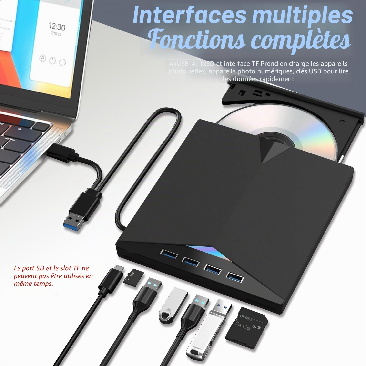 8 en 1 Lecteur Blu-Ray Externe - Lecteur DVD/BD Graveur Blu Ray avec USB 3.0 Type-C, Portable Lecteur Blu Ray Externe, 3D CD DVD Graveur Optical Bluray Drive pour PC Windows 11 10 8 7