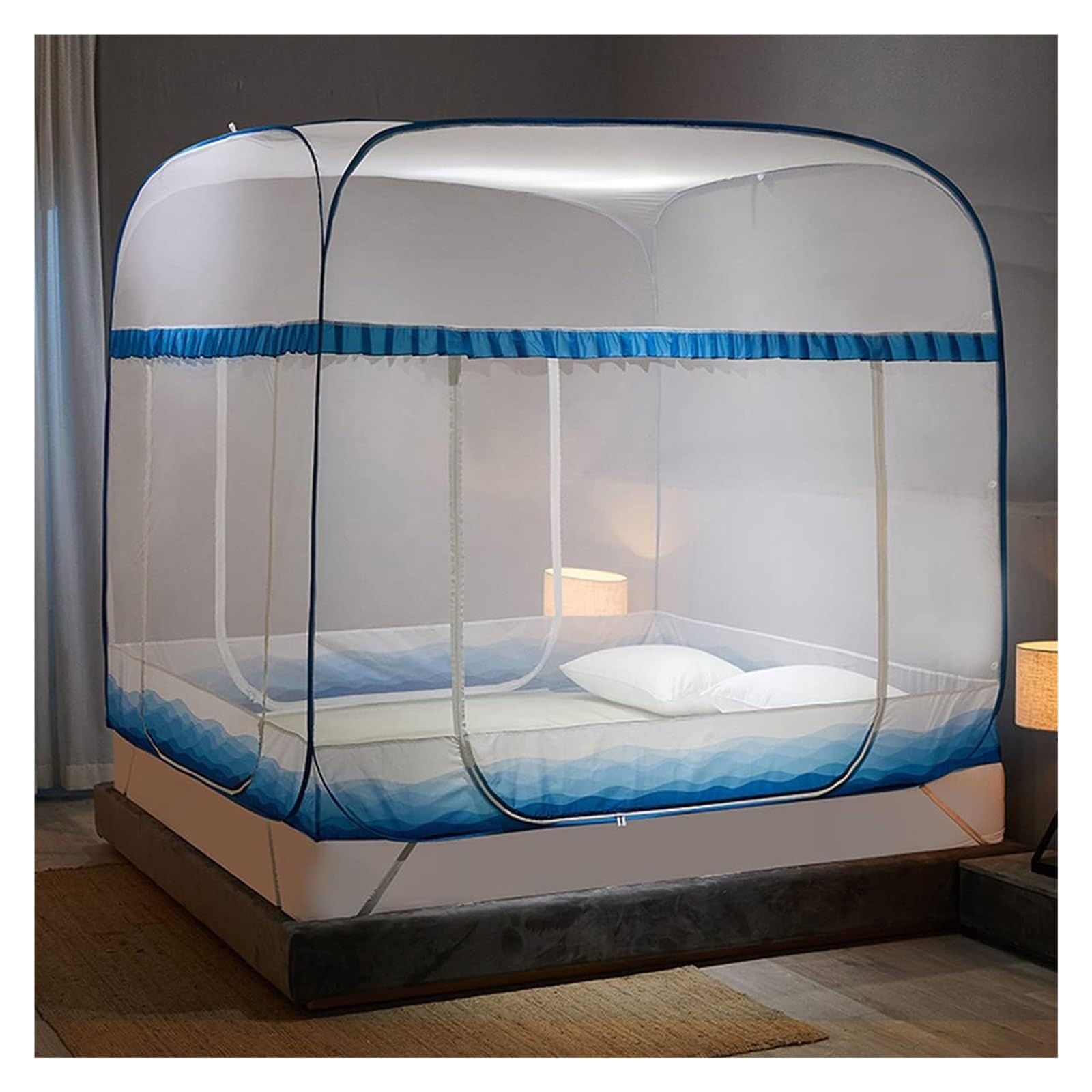 Moustiquaire pop-up pour lit double tente yourte pliable 3 portes bleu