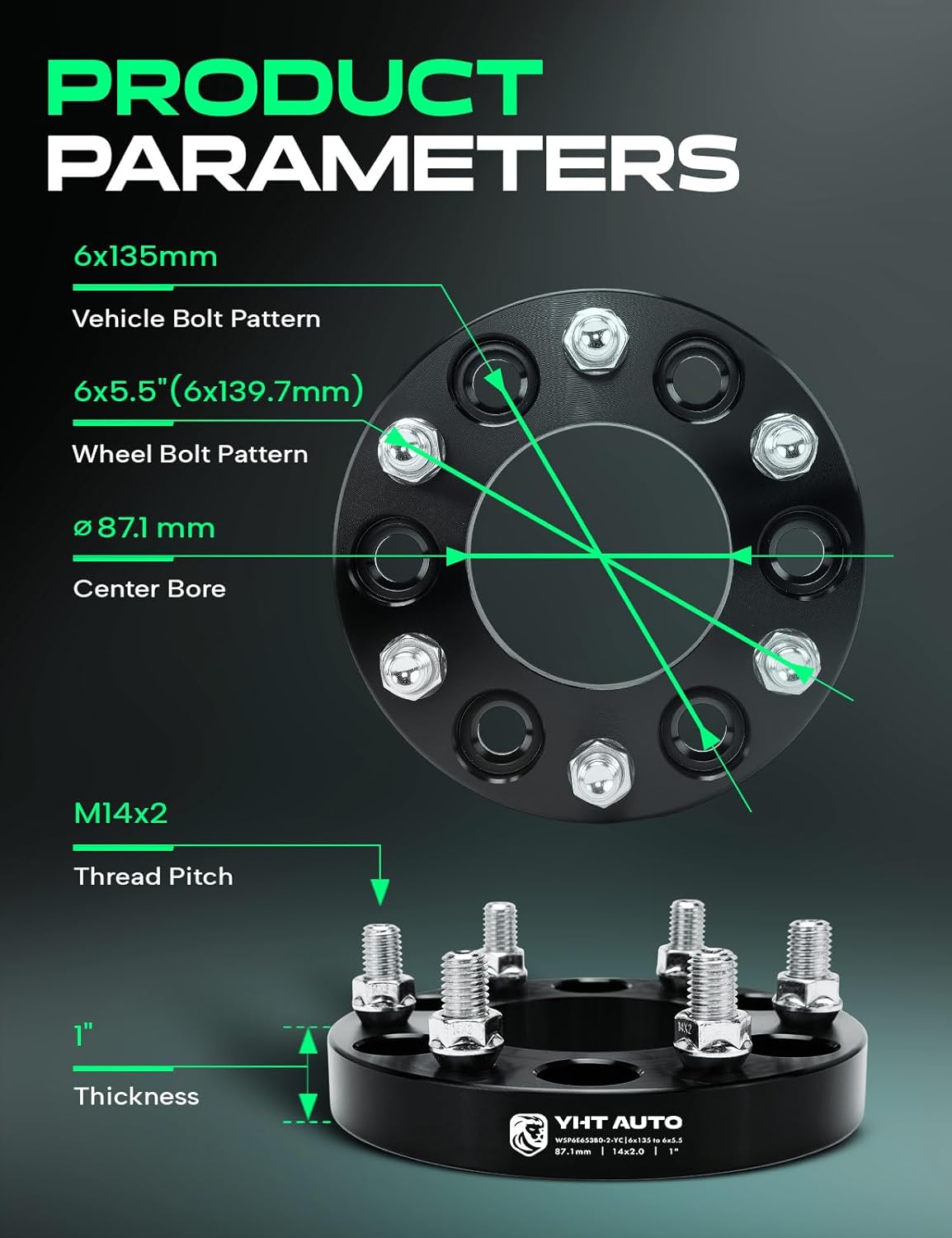 YHTAUTO 6x135 to 6x5.5 Wheel Adapters 1 Inch Compatible with Ford & Jeep & Lincoln, Tire Adapters w/ M14X2 & 12.9 Grade Studs, 87.1mm Center Bore 6 Lug 2PCS Black