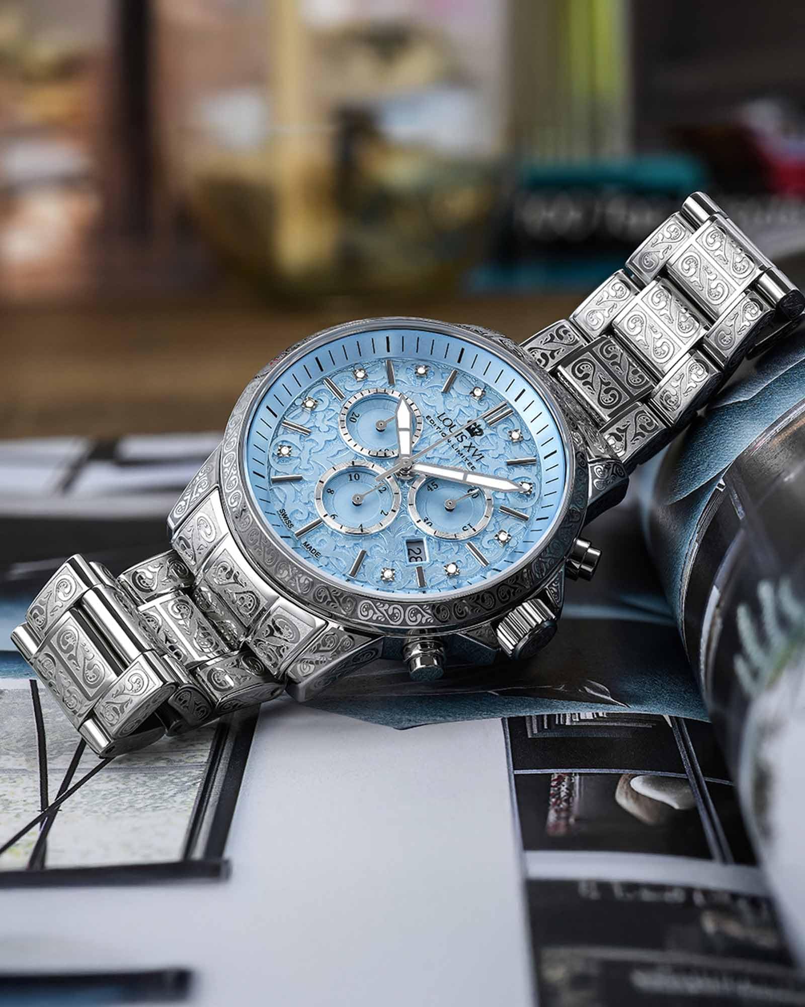 LOUIS XVI Palais Royale 2.0 1823 - Ø 43 mm - orologio da uomo - impermeabile - bracciale argento - quadrante bambino blu con diamanti - movimento al quarzo svizzero