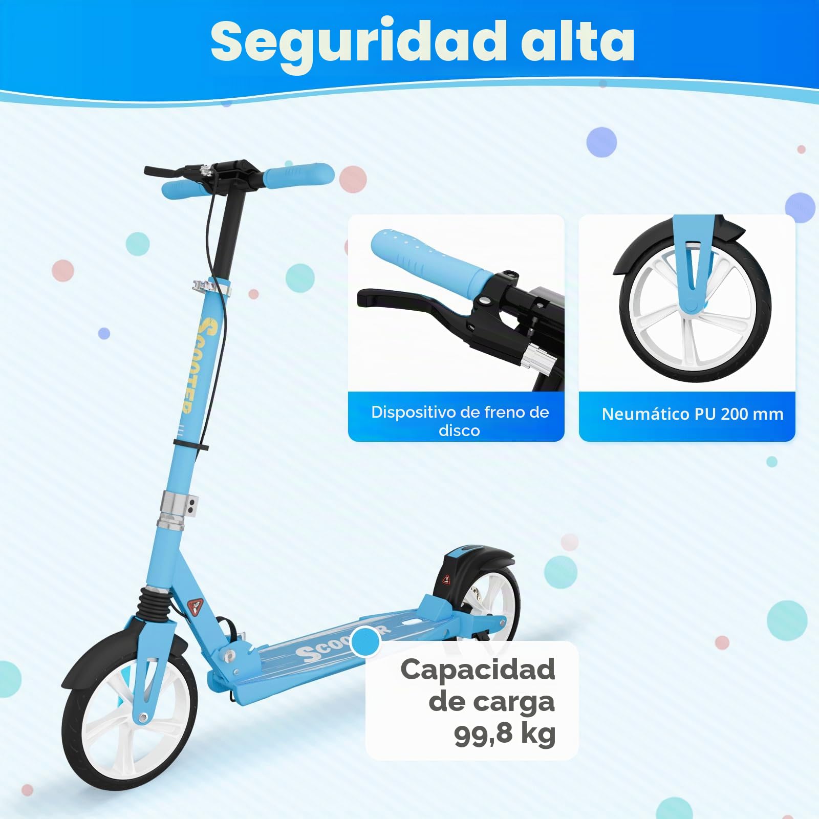MEEGOO H007D - Patinete con freno de disco y amortiguadores duales, ruedas de poliuretano de 200 mm, rodamientos ABEC-7, patinete plegable para adultos mayores de 18 años, cubierta antideslizante