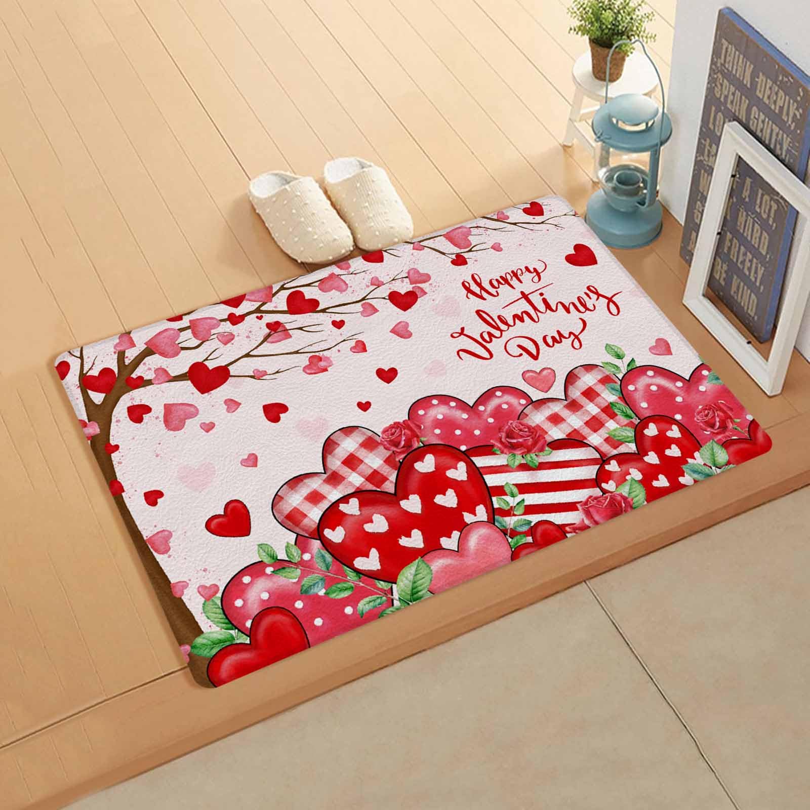 Valentine's Red Love Kitchen Bath Door Mat Cushioned Runner Rug,Washable Welcome Floor Sink Antifatigue Mat,Waterproof & Non-Slip Comfort Standing Doormat,Plaid Dots Heart Rose Leaves 18
