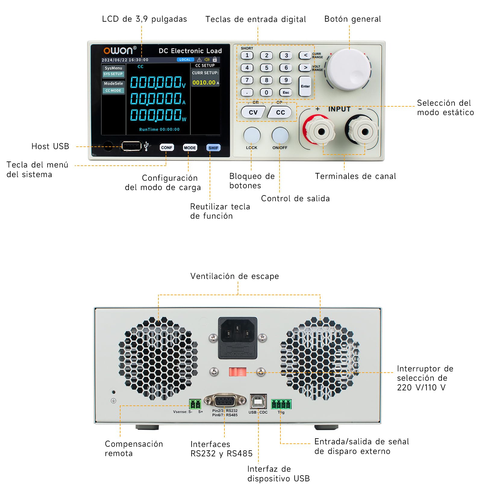 Charge électronique programmable CC OWON, 150 V CC/20 A, Puissance Totale de 200 W, fréquence maximale de 5 kHz, résolution de Lecture de 1 mV/0,1 mA, OEL8511 (OEL8511)