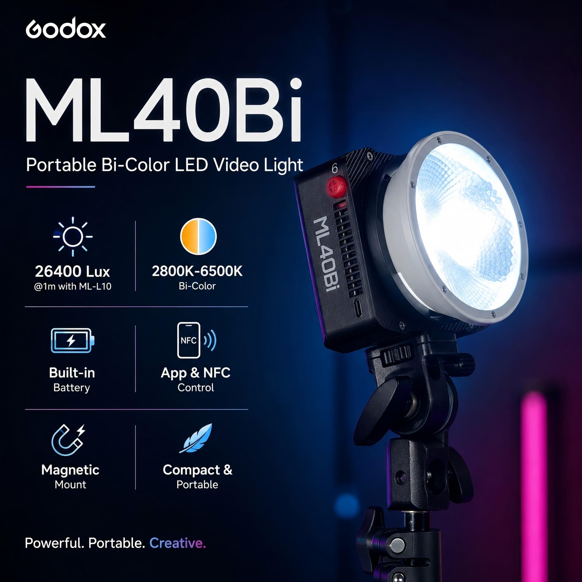 Godox ML40Bi LED-videolicht, dwukolorowe, 26400 luksów @ 1 m z reflektorem ML-L10, 2800 K-6500 K, CRI/TLCI 96+, 11 efektów FX, NFC-app, uchwyt Godox, USB-C do vlogowania